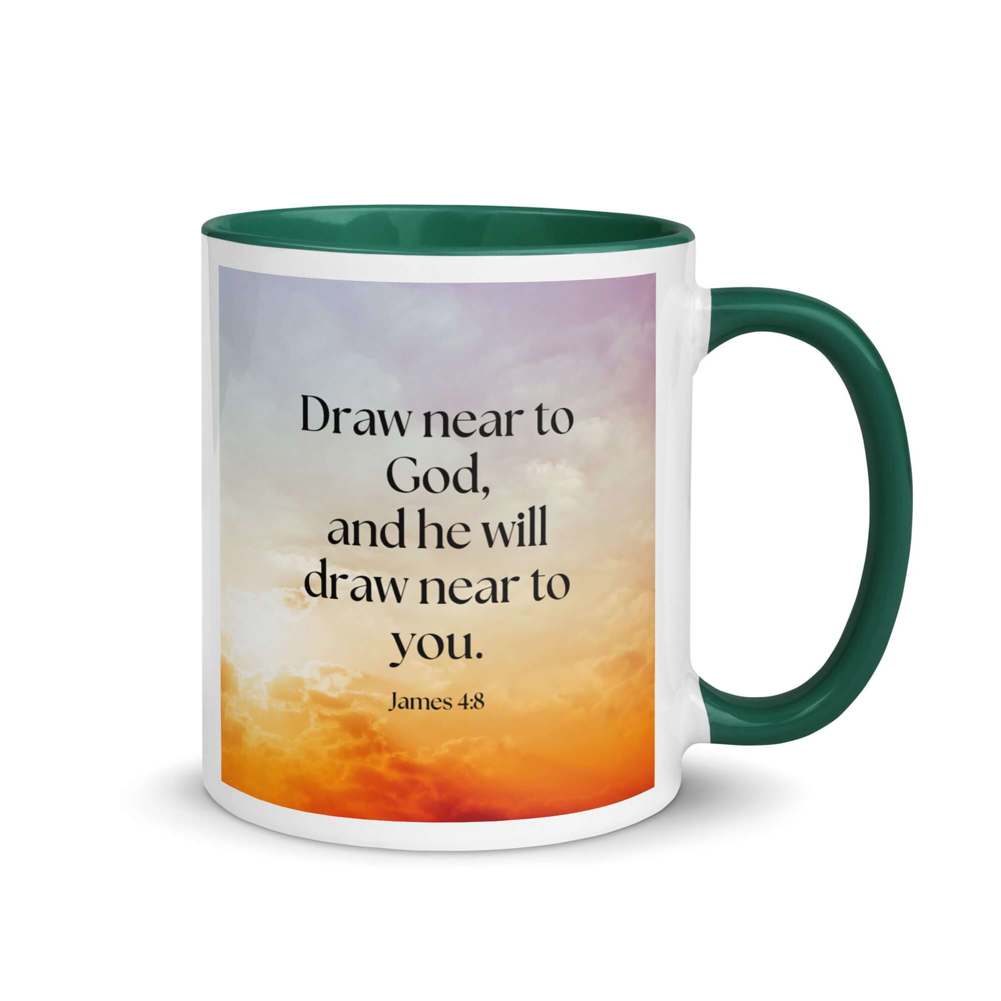 James 4:8 Bible Verse, he will draw White Ceramic Mug with Color Inside Dark green 11 oz
