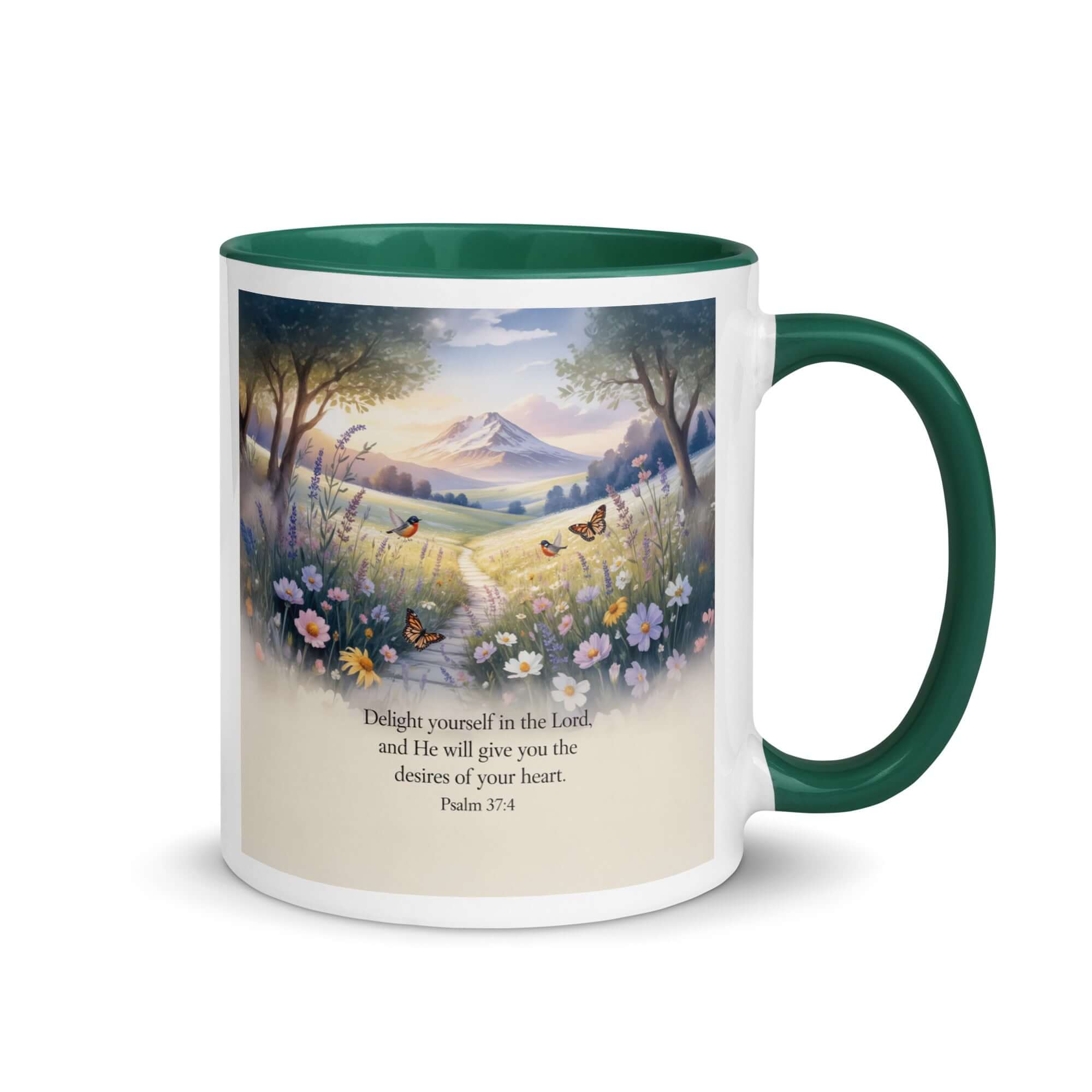 Psalm 37:4 Bible Verse, Delight White Ceramic Mug with Color Inside Dark green 11 oz