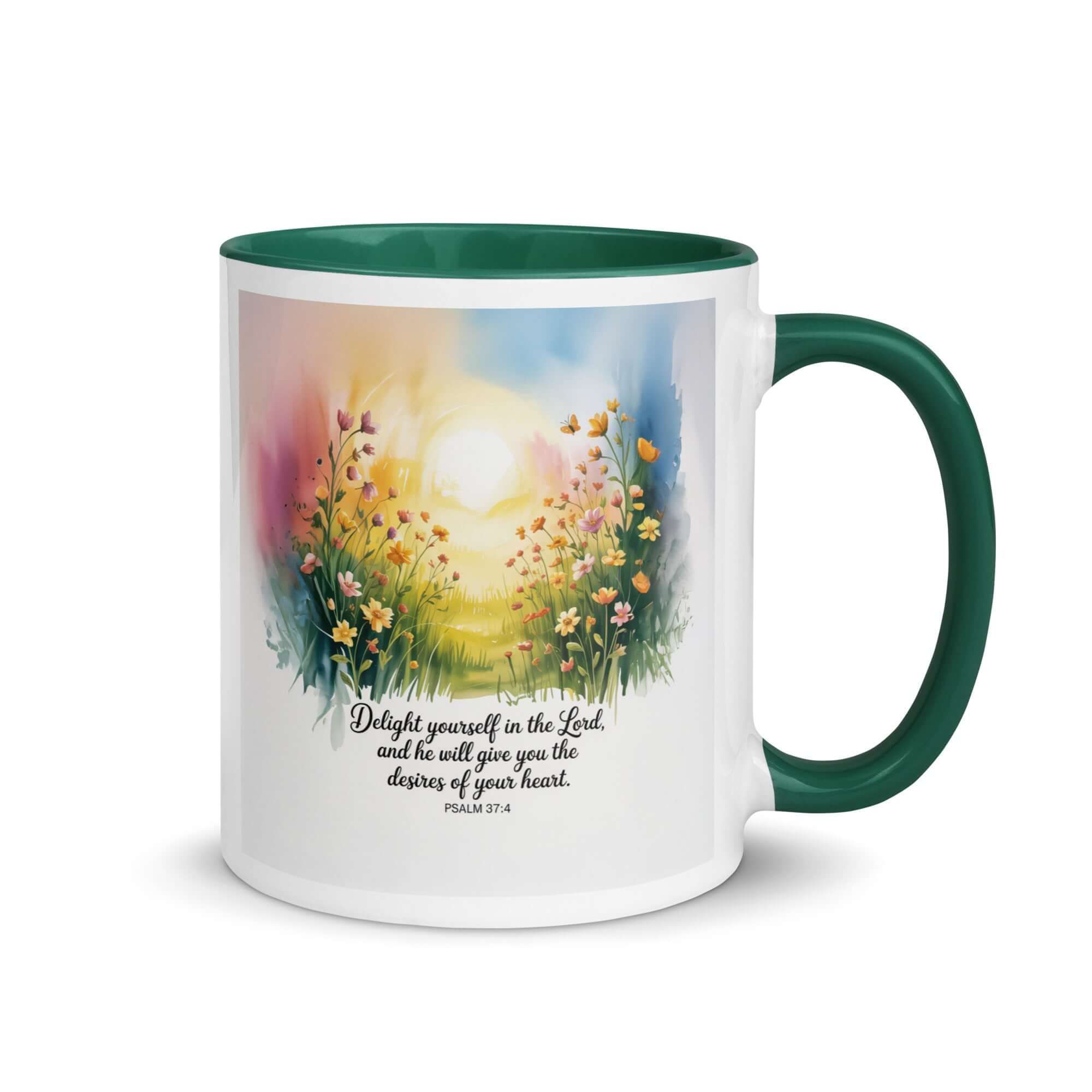 Psalm 37:4 Bible Verse, will give White Ceramic Mug with Color Inside Dark green 11 oz