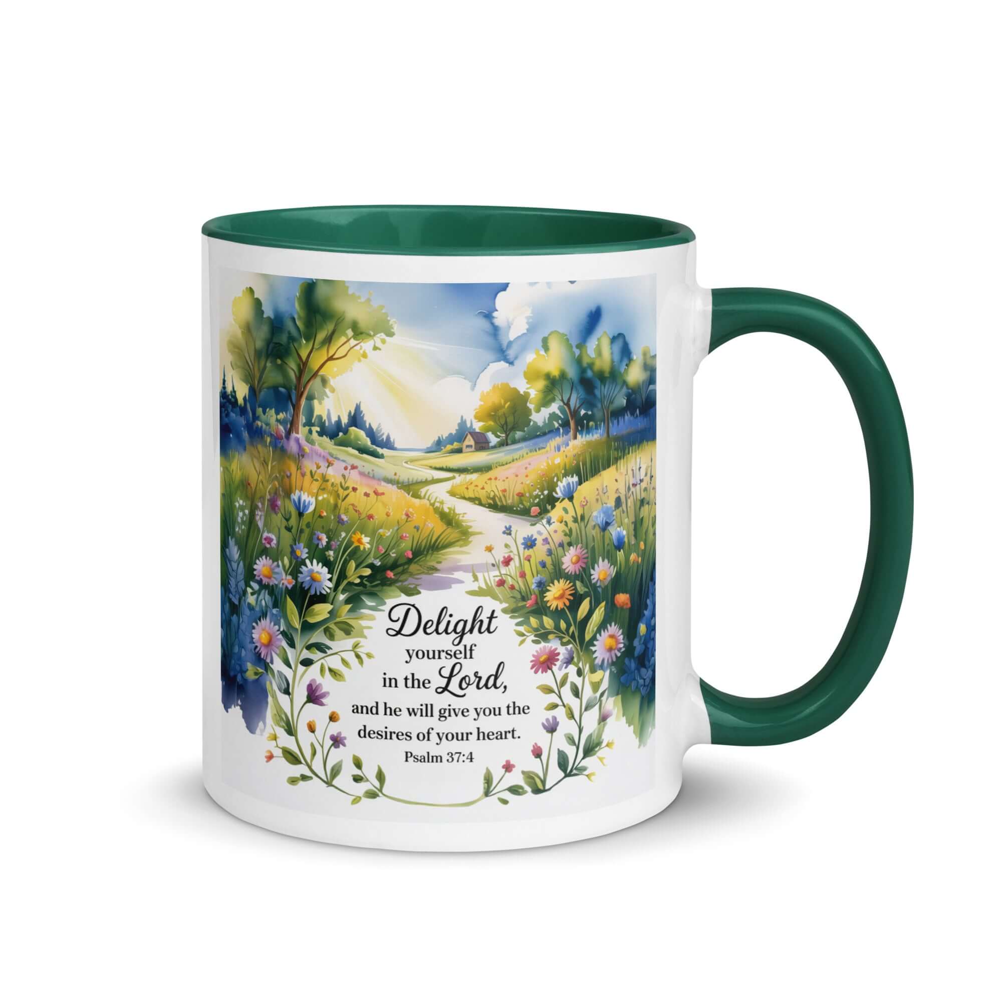 Psalm 37:4 Bible Verse, desires White Ceramic Mug with Color Inside Dark green 11 oz