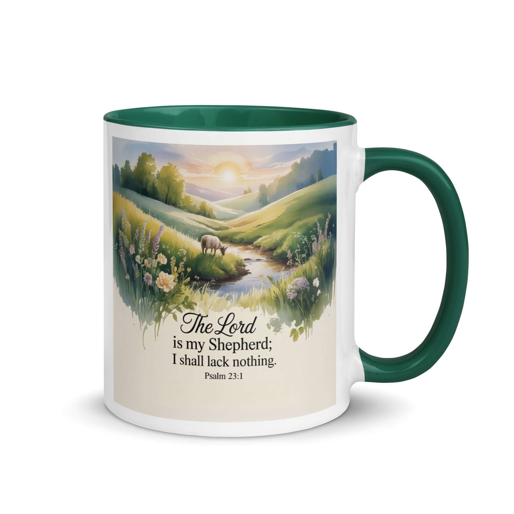 Psalm 23:1 Bible Verse, Lord White Ceramic Mug with Color Inside Dark green 11 oz