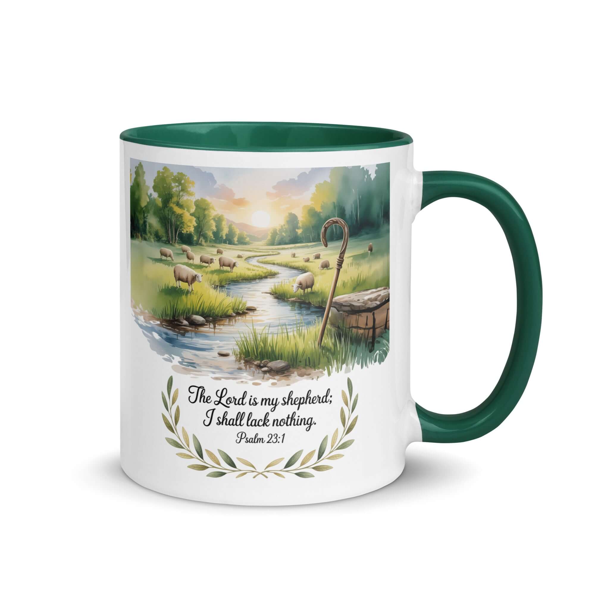 Psalm 23:1 Bible Verse, is my White Ceramic Mug with Color Inside Dark green 11 oz