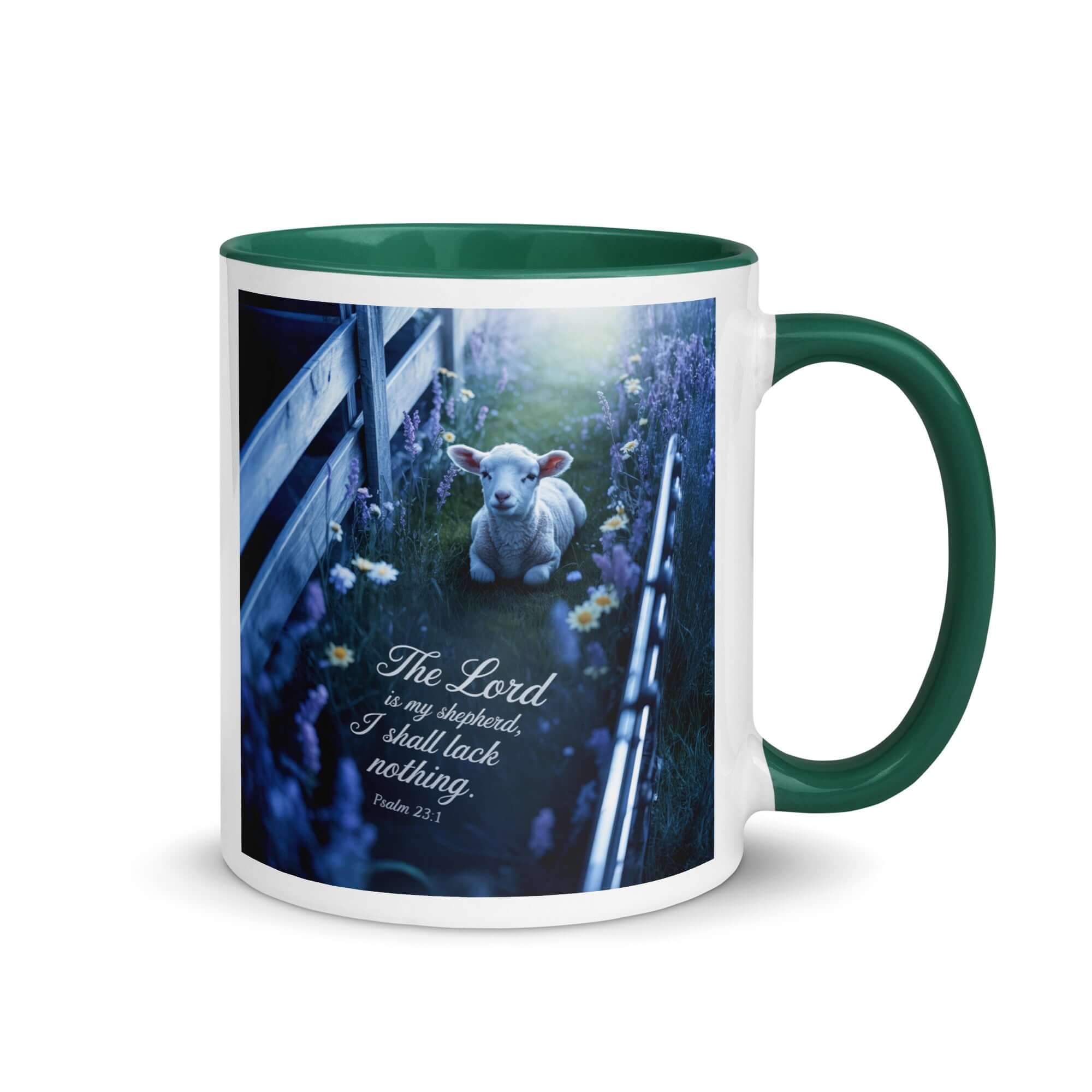 Psalm 23:1 Bible Verse, Shepherd White Ceramic Mug with Color Inside Dark green 11 oz