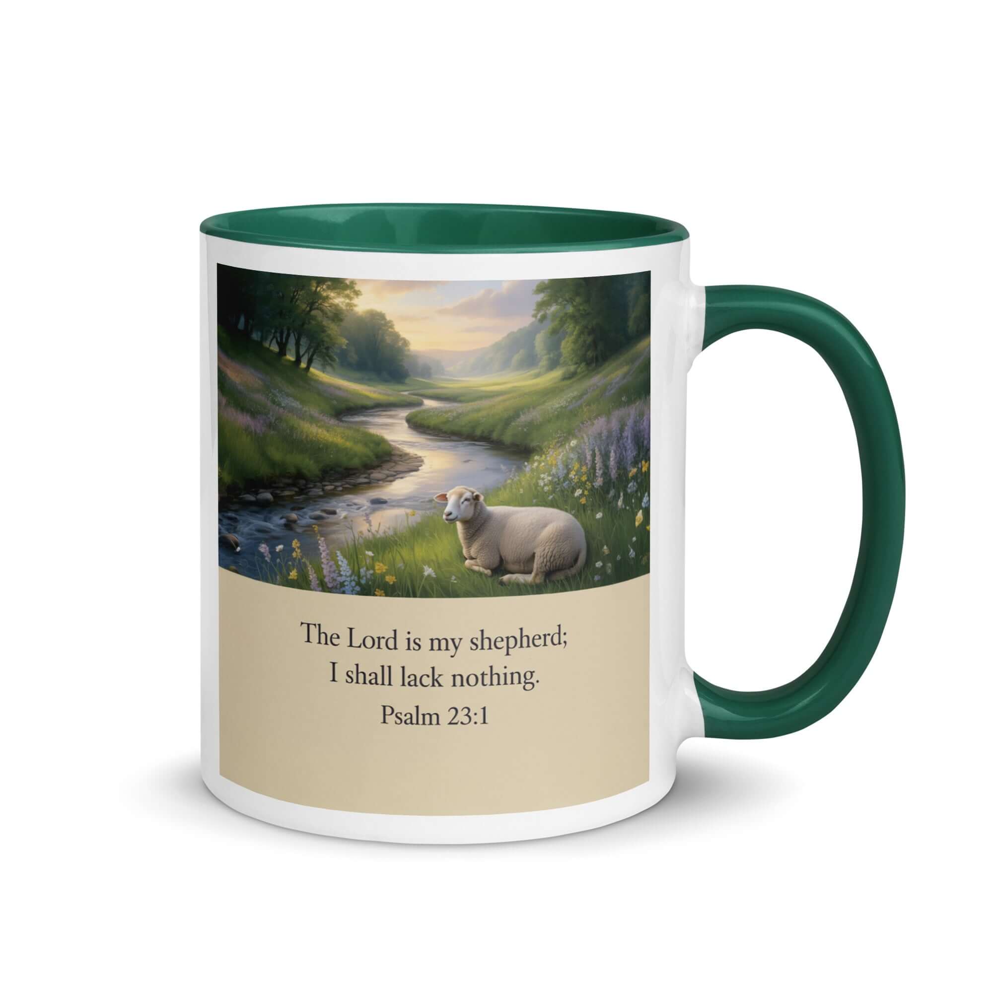 Psalm 23:1 Bible Verse, I shall White Ceramic Mug with Color Inside Dark green 11 oz
