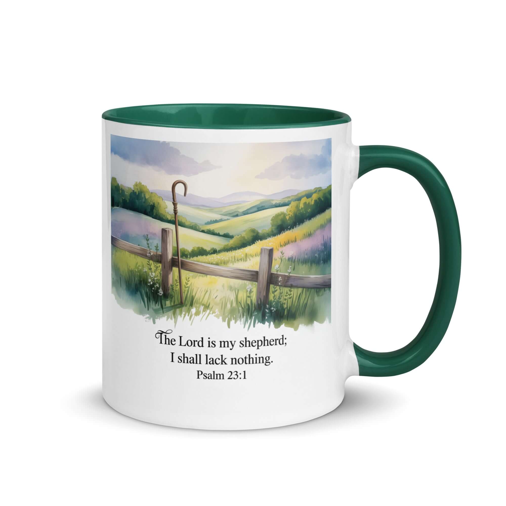 Psalm 23:1 Bible Verse, Lack White Ceramic Mug with Color Inside Dark green 11 oz