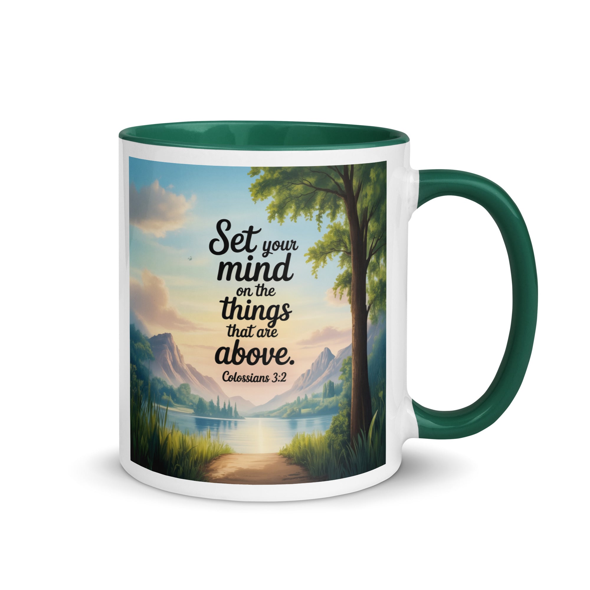 Colossians 3:2 Bible Verse Set White Ceramic Mug with Color Inside Dark green 11 oz