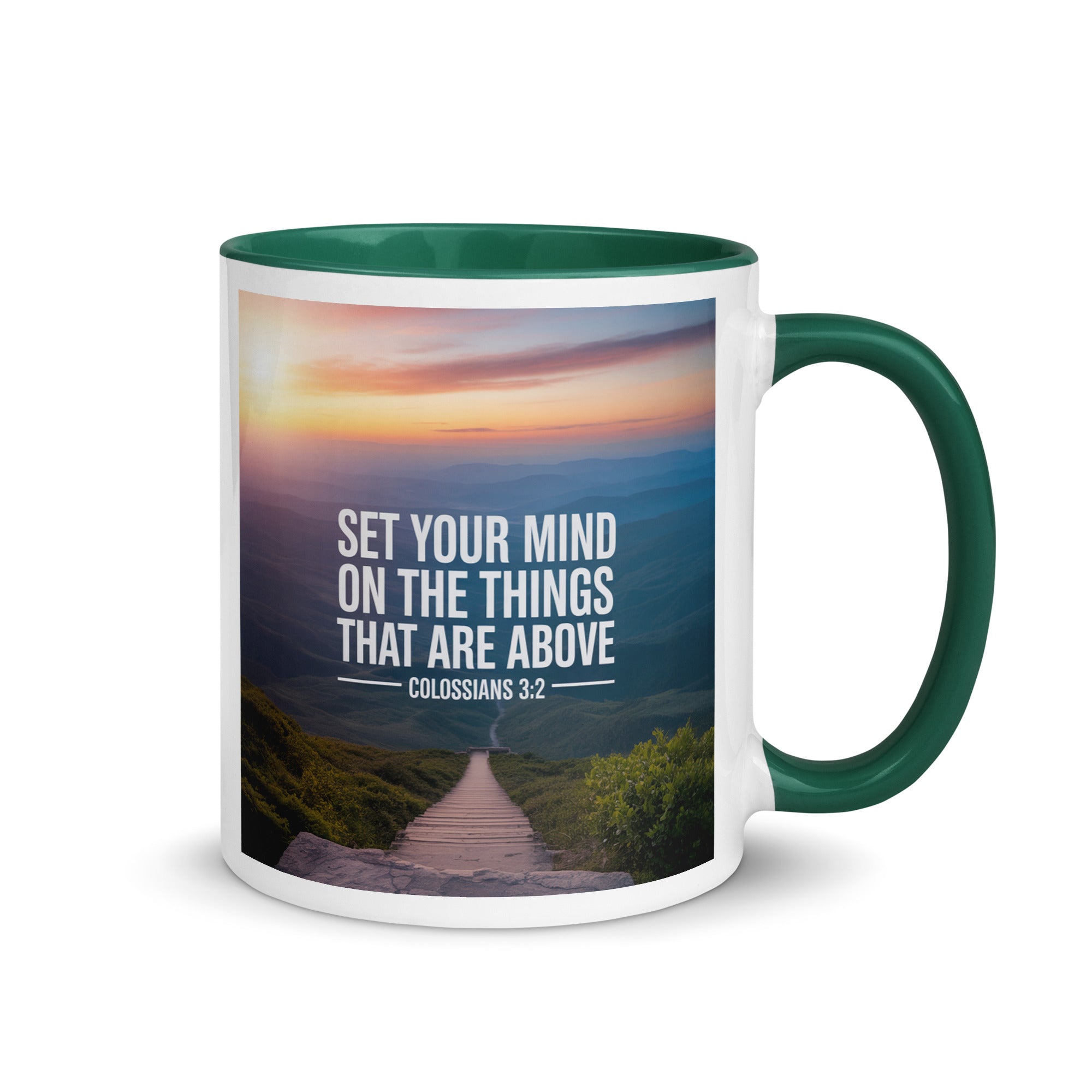 Colossians 3:2 Bible Verse your mind White Ceramic Mug with Color Inside Dark green 11 oz