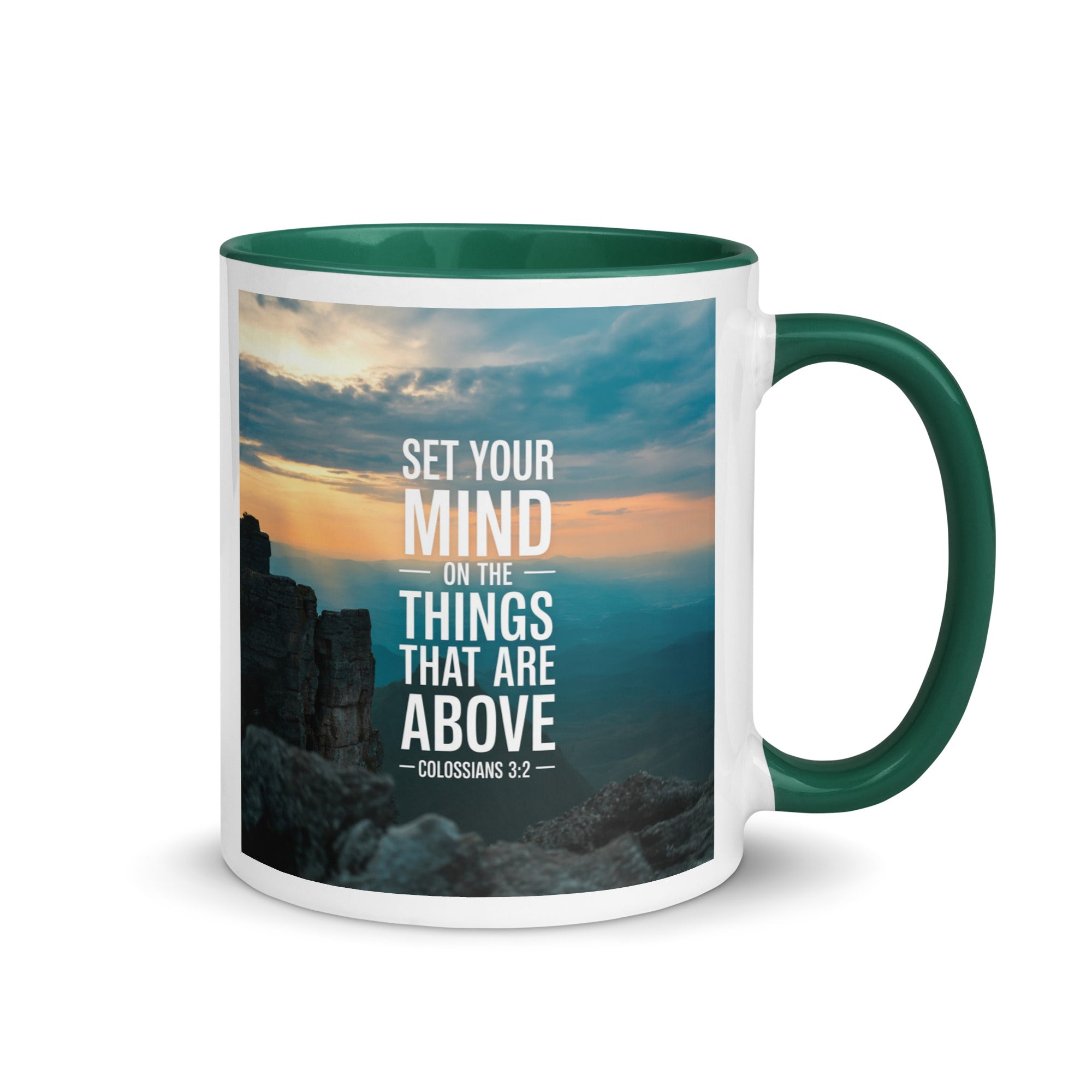 Colossians 3:2 Bible Verse on the White Ceramic Mug with Color Inside Dark green 11 oz