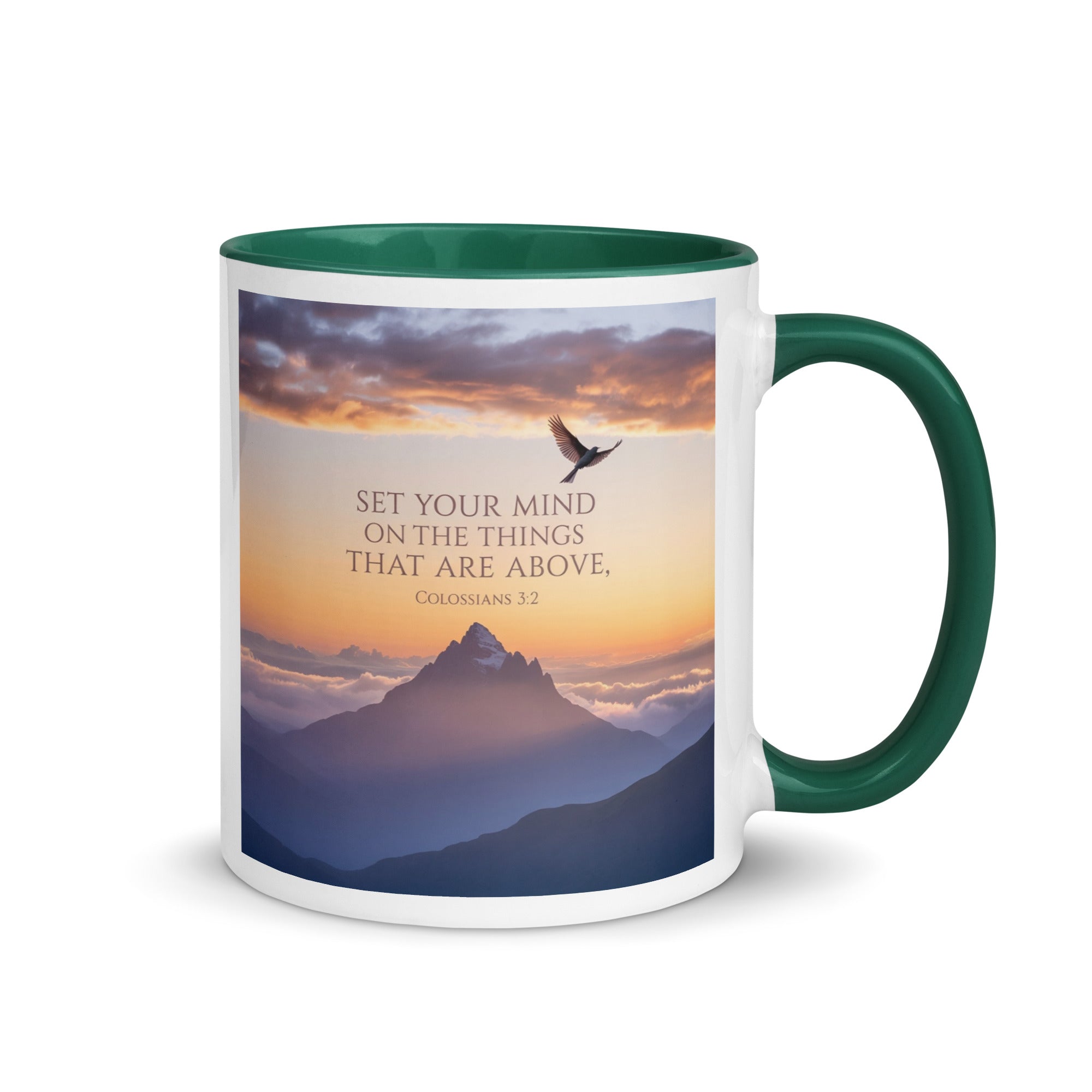 Colossians 3:2 Bible Verse are above White Ceramic Mug with Color Inside Dark green 11 oz