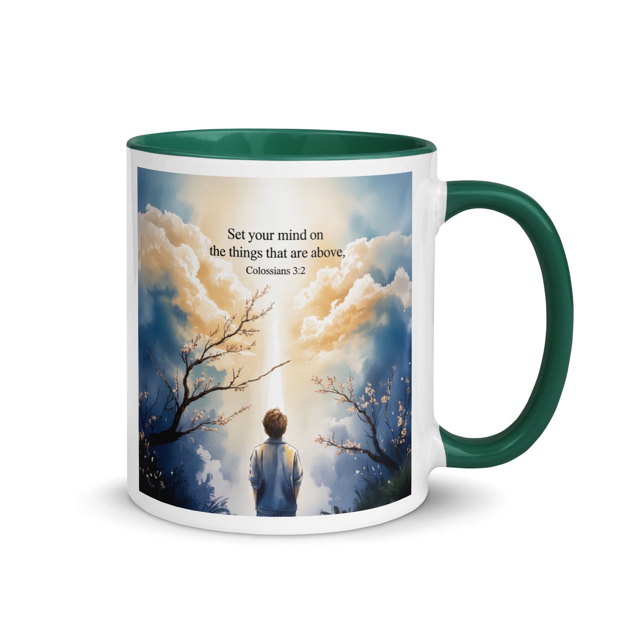 Colossians 3:2 Bible Verse the things White Ceramic Mug with Color Inside Dark green 11 oz