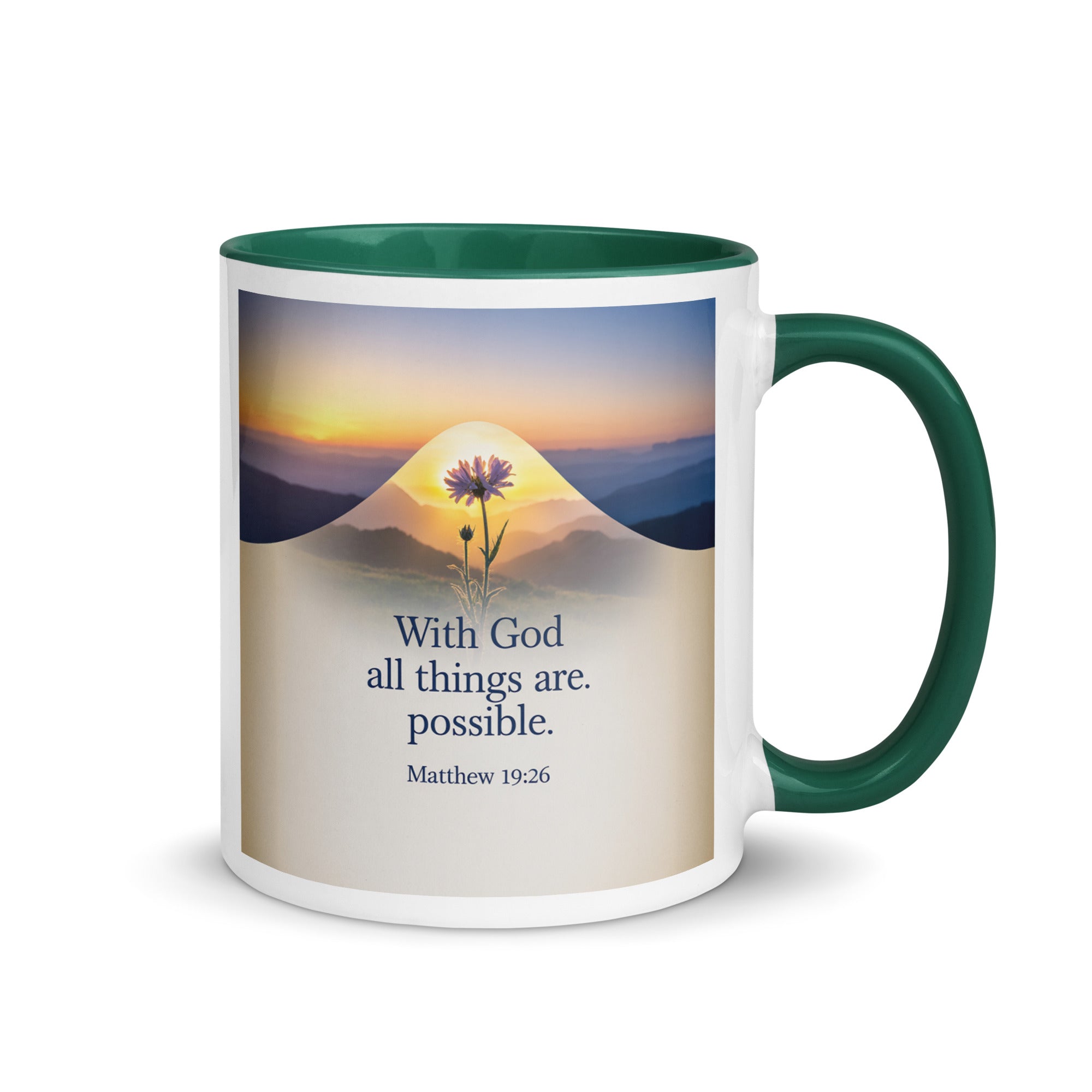 Matthew 19:26 Bible Verse at them White Ceramic Mug with Color Inside Dark green 11 oz