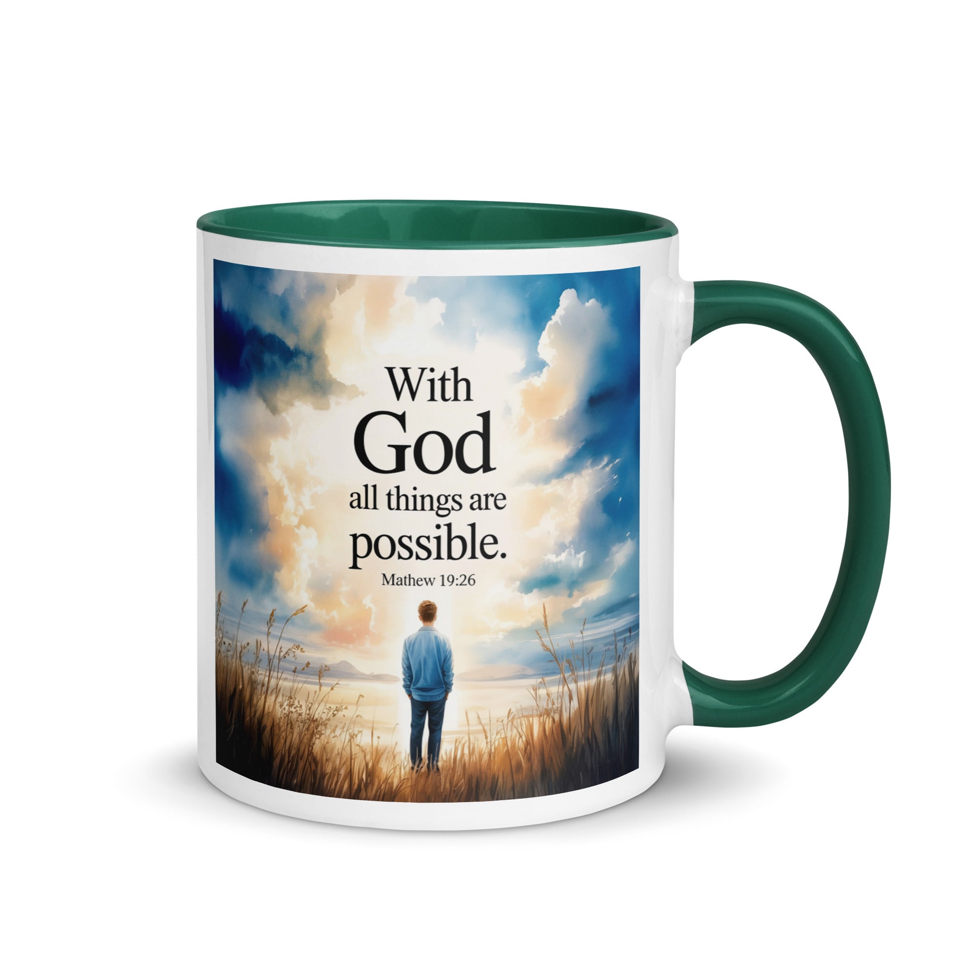 Matthew 19:26 Bible Verse Jesus White Ceramic Mug with Color Inside Dark green 11 oz