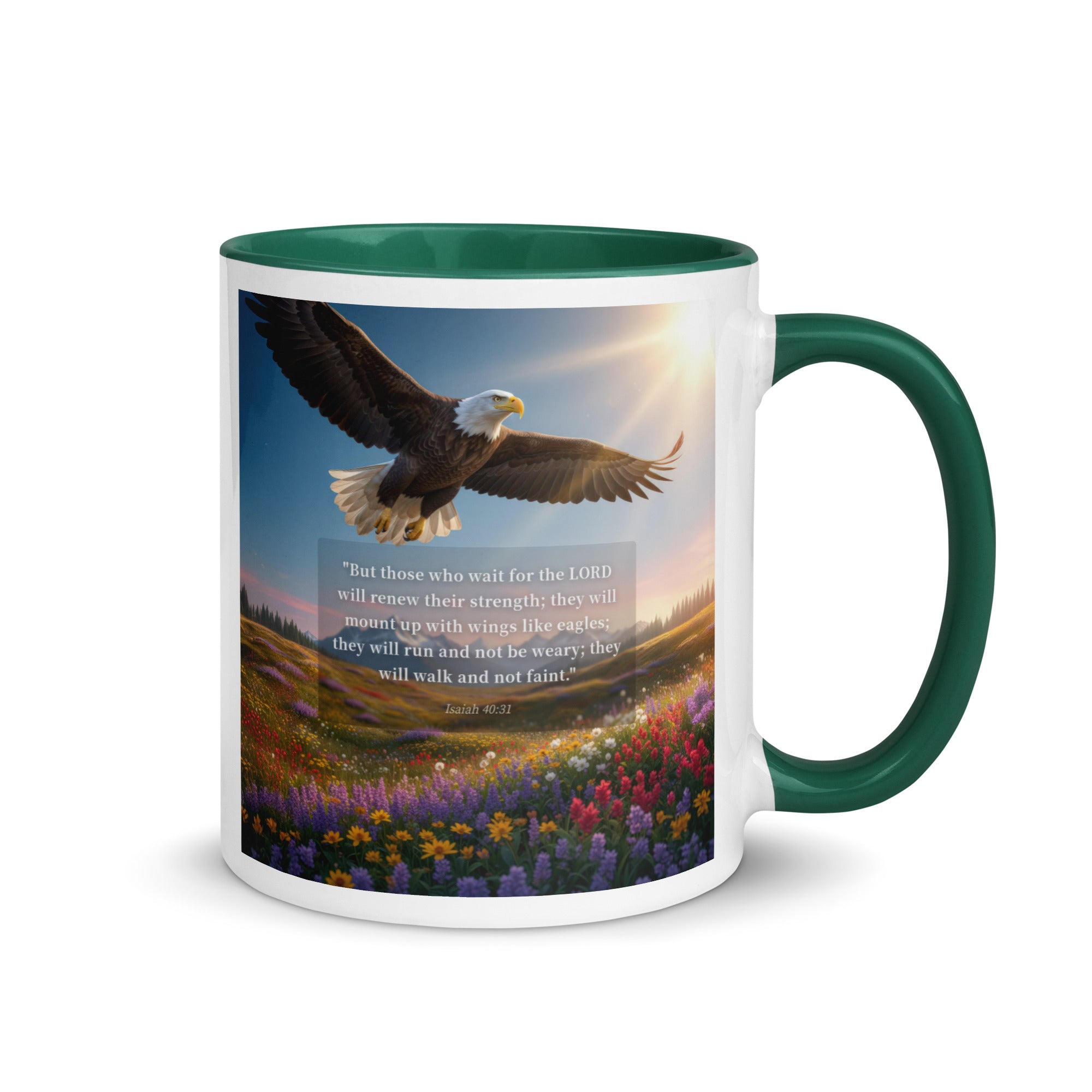Isaiah 40:31 Bible Verse Who Wait White Ceramic Mug with Color Inside Dark green 11 oz