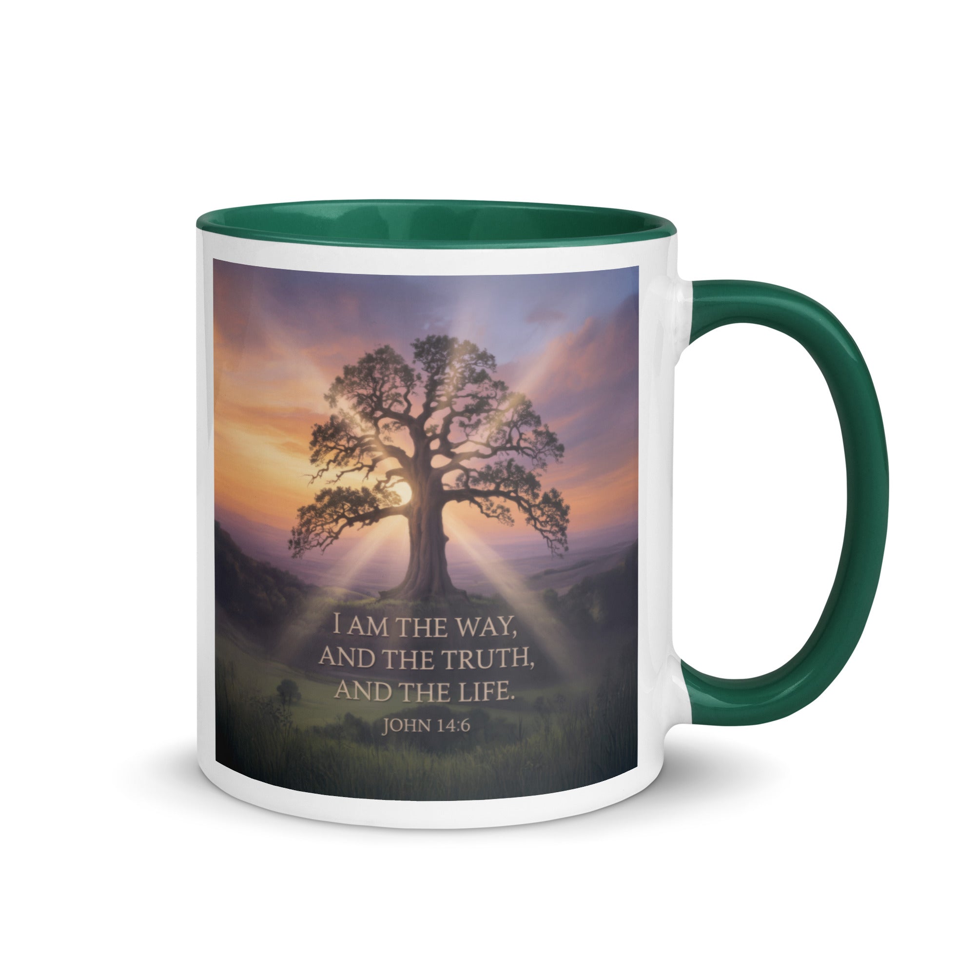 John 14:6 Bible Verse Jesus said White Ceramic Mug with Color Inside Dark green 11 oz
