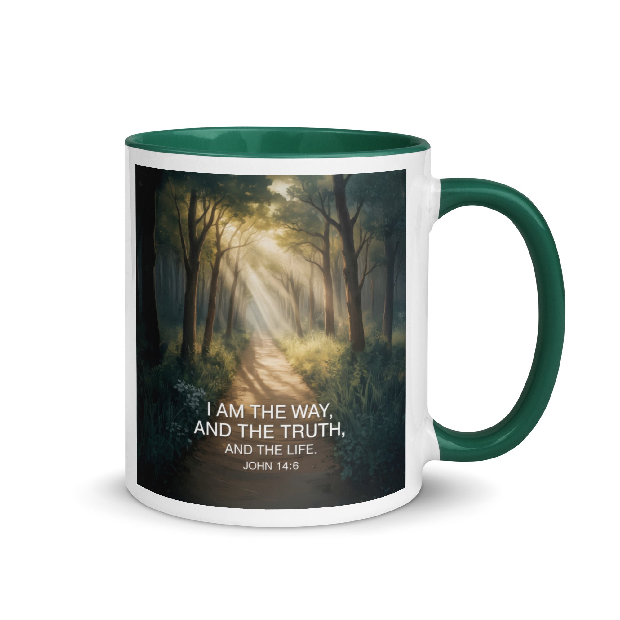 John 14:6 Bible Verse I Am White Ceramic Mug with Color Inside Dark green 11 oz
