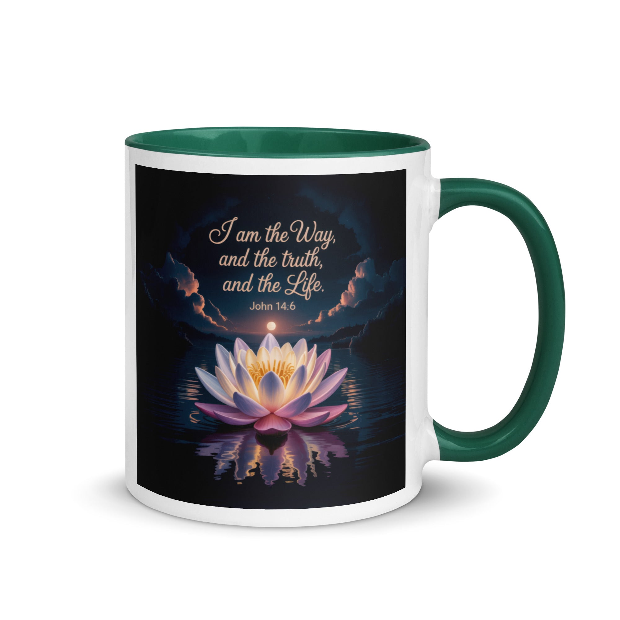 John 14:6 Bible Verse The Way White Ceramic Mug with Color Inside Dark green 11 oz