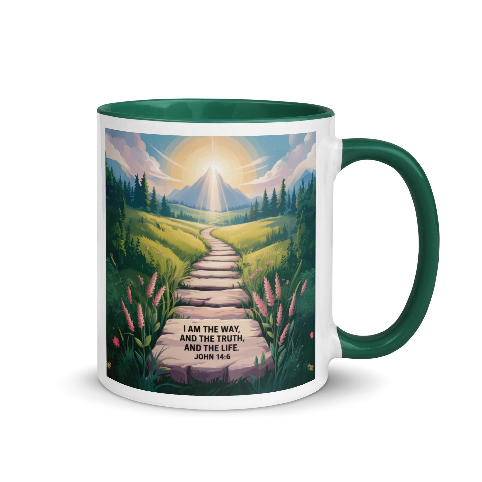 John 14:6 Bible Verse The Truth White Ceramic Mug with Color Inside Dark green 11 oz