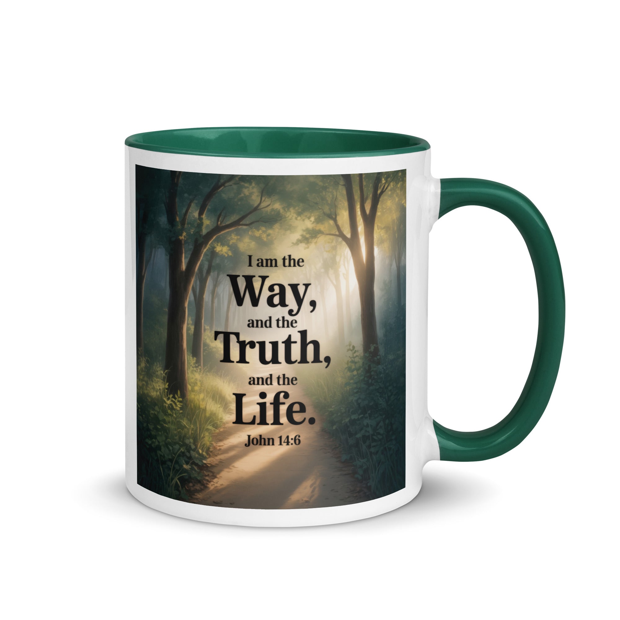 John 14:6 Bible Verse The Life White Ceramic Mug with Color Inside Dark green 11 oz