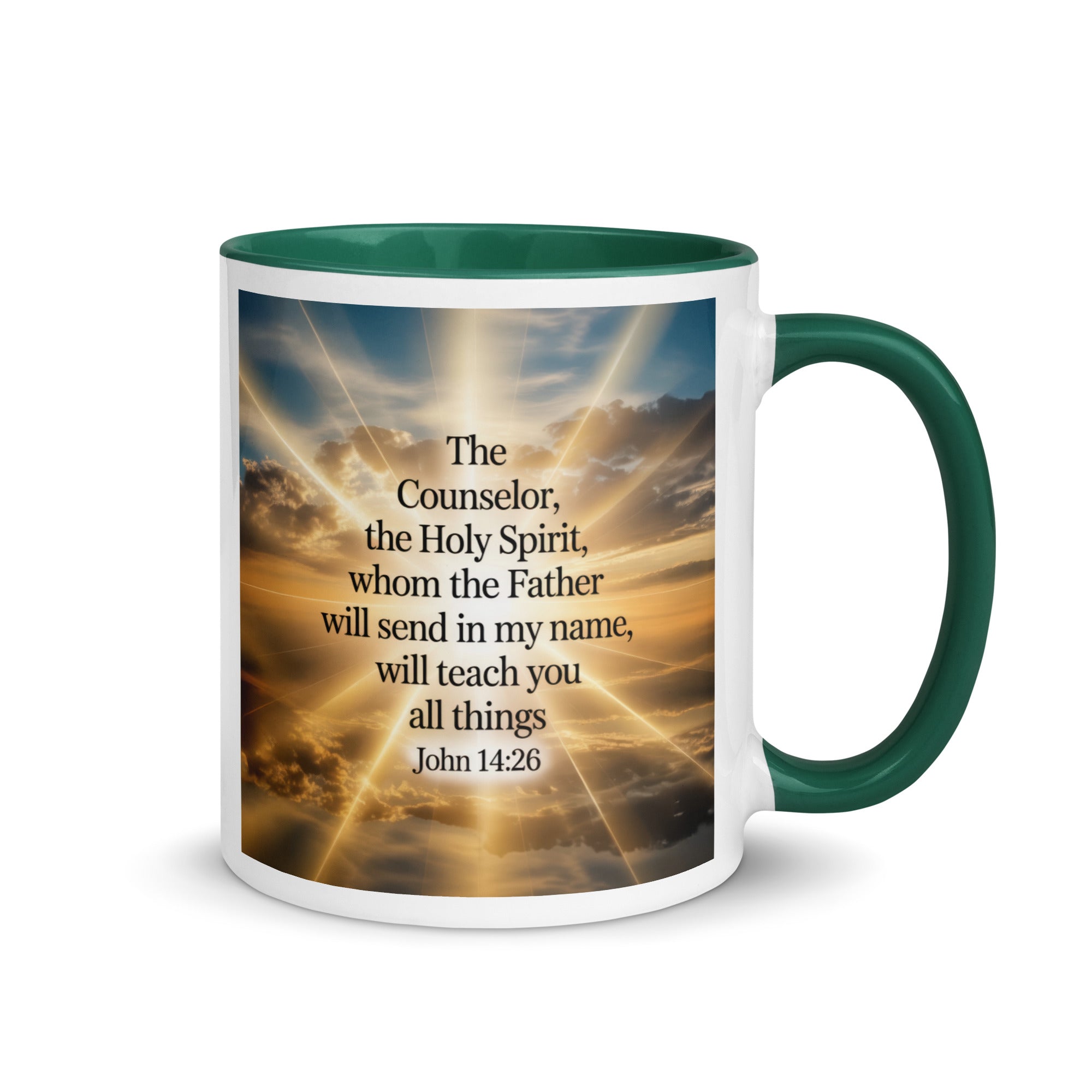 John 14:26 Bible Verse will send White Ceramic Mug with Color Inside Dark green 11 oz