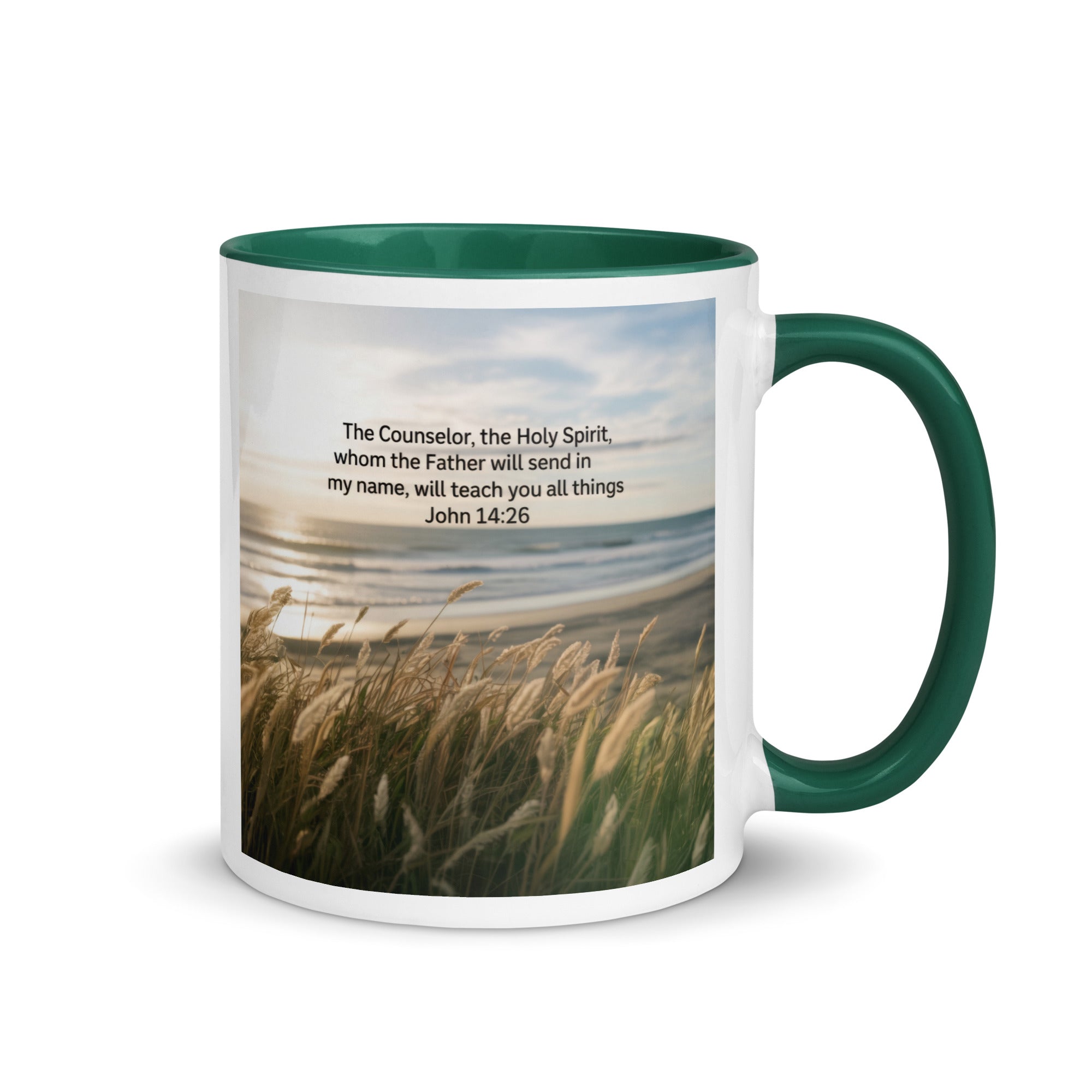 John 14:26 Bible Verse in my name White Ceramic Mug with Color Inside Dark green 11 oz