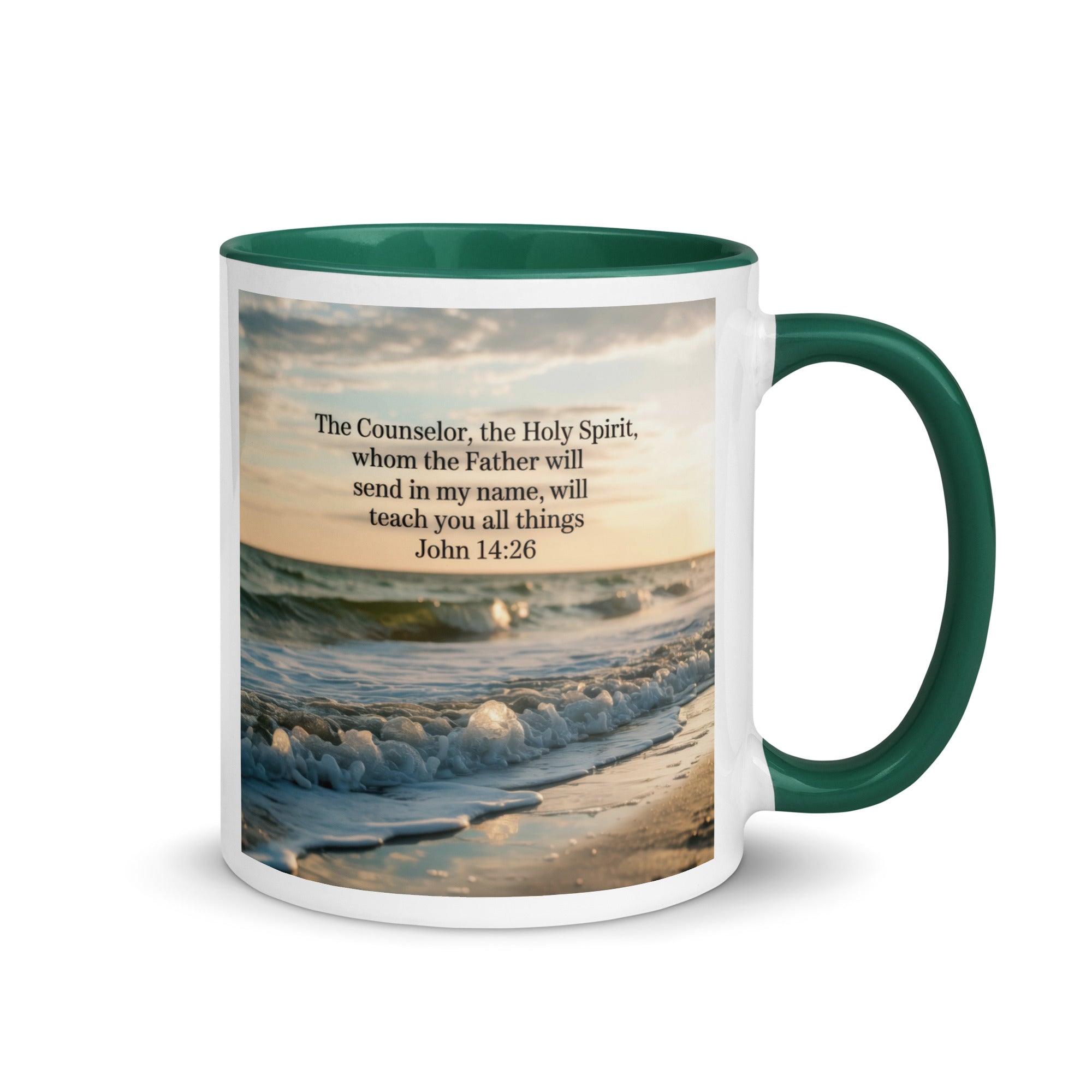 John 14:26 Bible Verse You All White Ceramic Mug with Color Inside Dark green 11 oz
