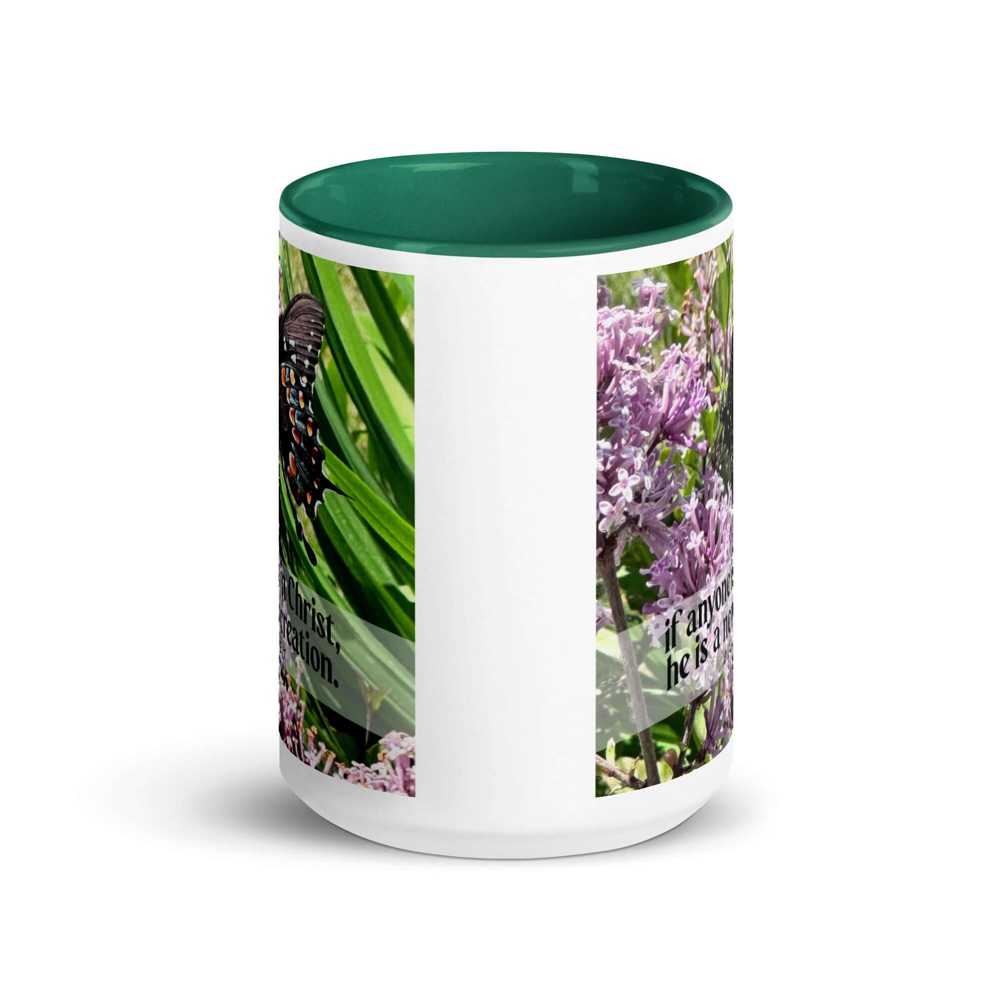 2 Corinthians 5:17 Bible Verse, Butterfly White Ceramic Mug with Color Inside