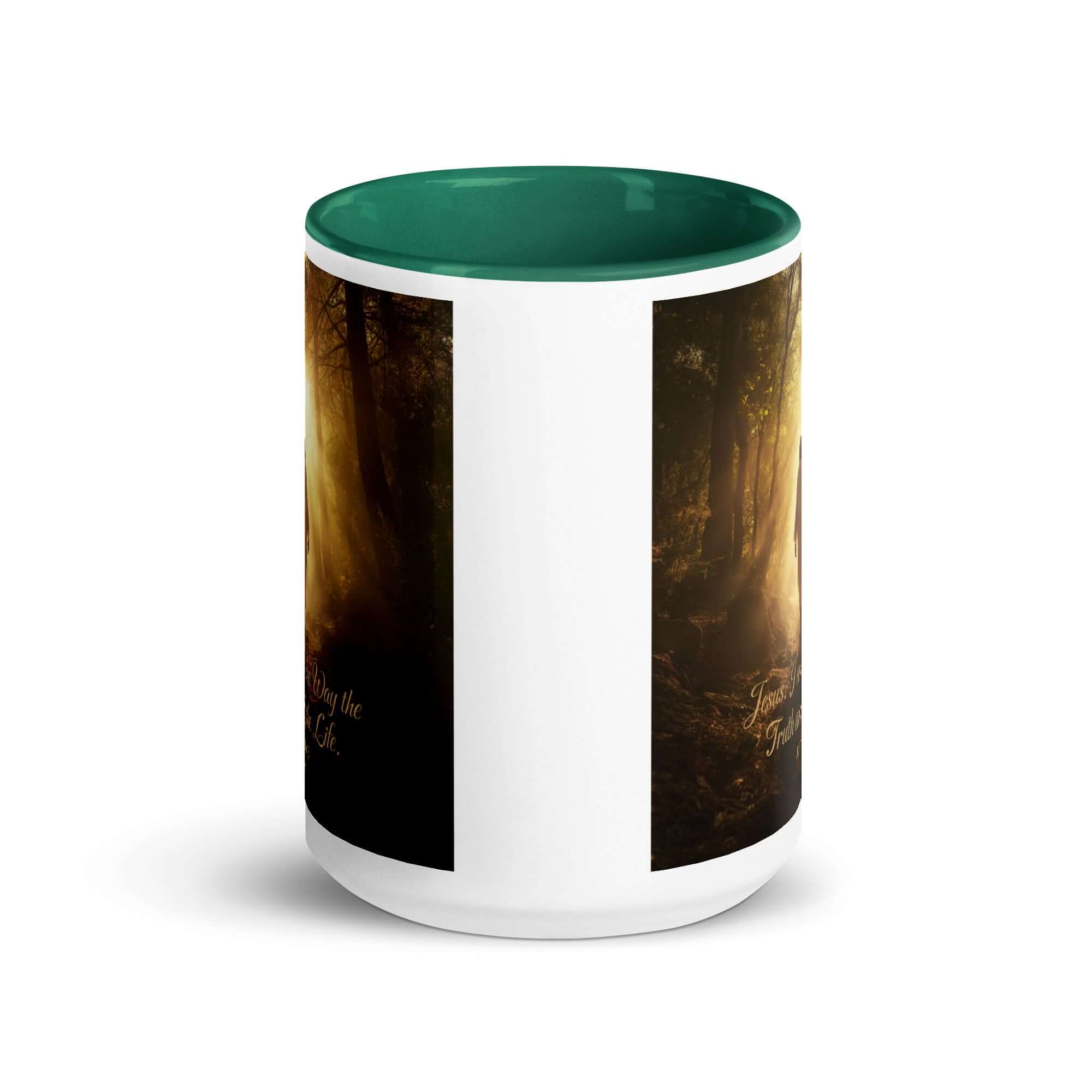 John 14:6 Bible Verse, Forest Image White Ceramic Mug with Color Inside