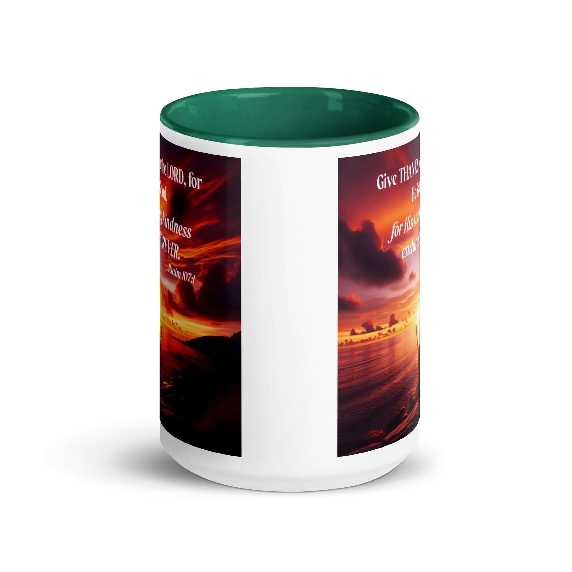 Psalm 107:1 Bible Verse, Give Thanks to the Lord White Ceramic Mug with Color Inside