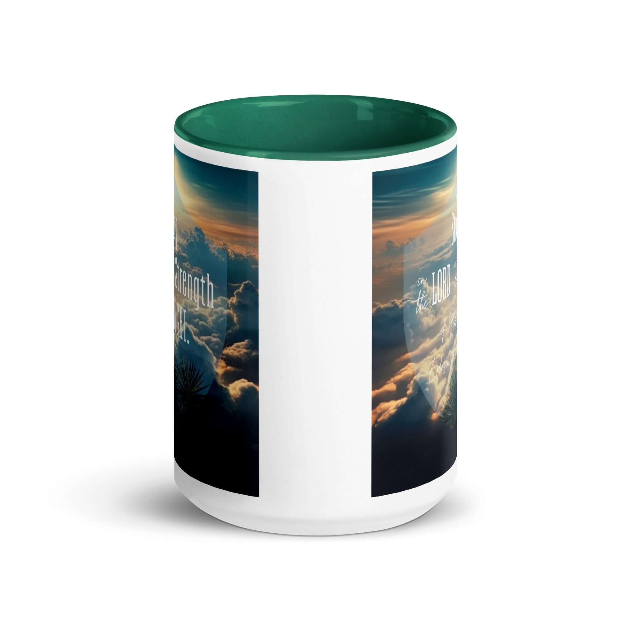 Ephesians 6:10 Bible Verse, be strong in the Lord White Ceramic Mug with Color Inside