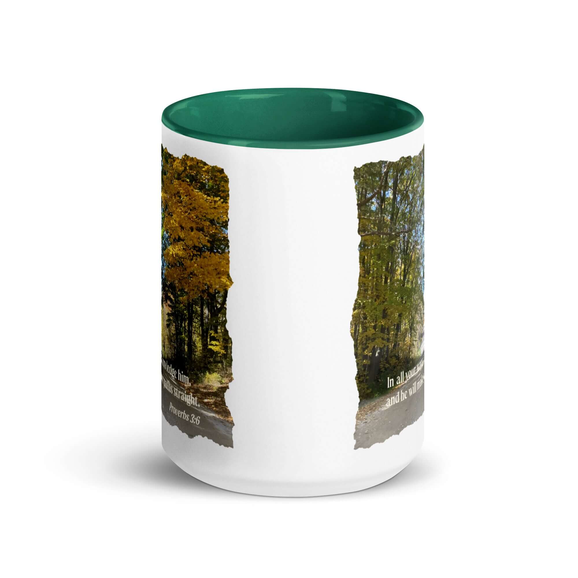 Proverbs 3:6 Bible Verse, Fall Road White Ceramic Mug with Color Inside