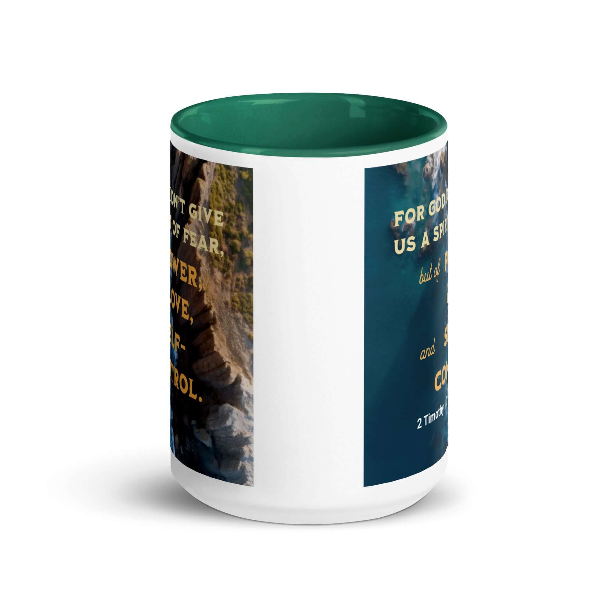 2 Timothy 1:7 Bible Verse, Power, Love, Self-Control White Ceramic Mug with Color Inside
