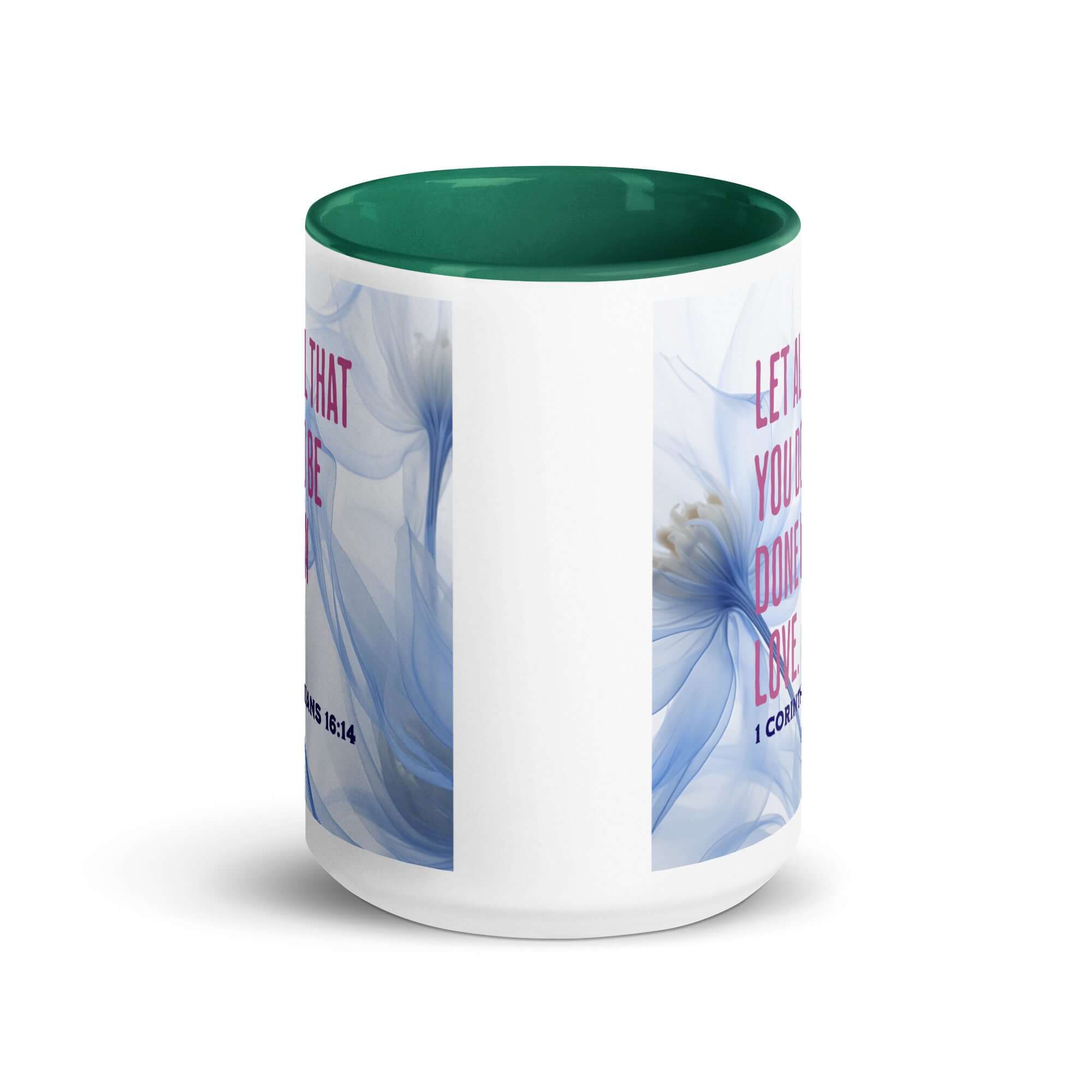1 Corinthians 16:14 Bible Verse, Do it in Love White Ceramic Mug with Color Inside