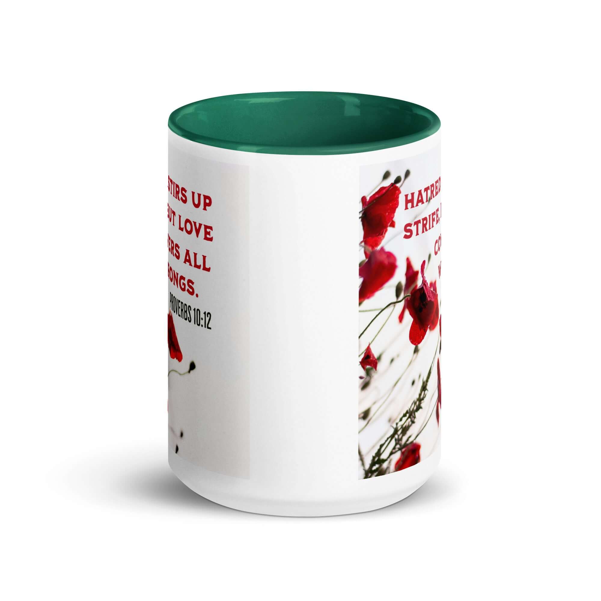 Proverbs 10:12 Bible Verse, Love Covers All White Ceramic Mug with Color Inside