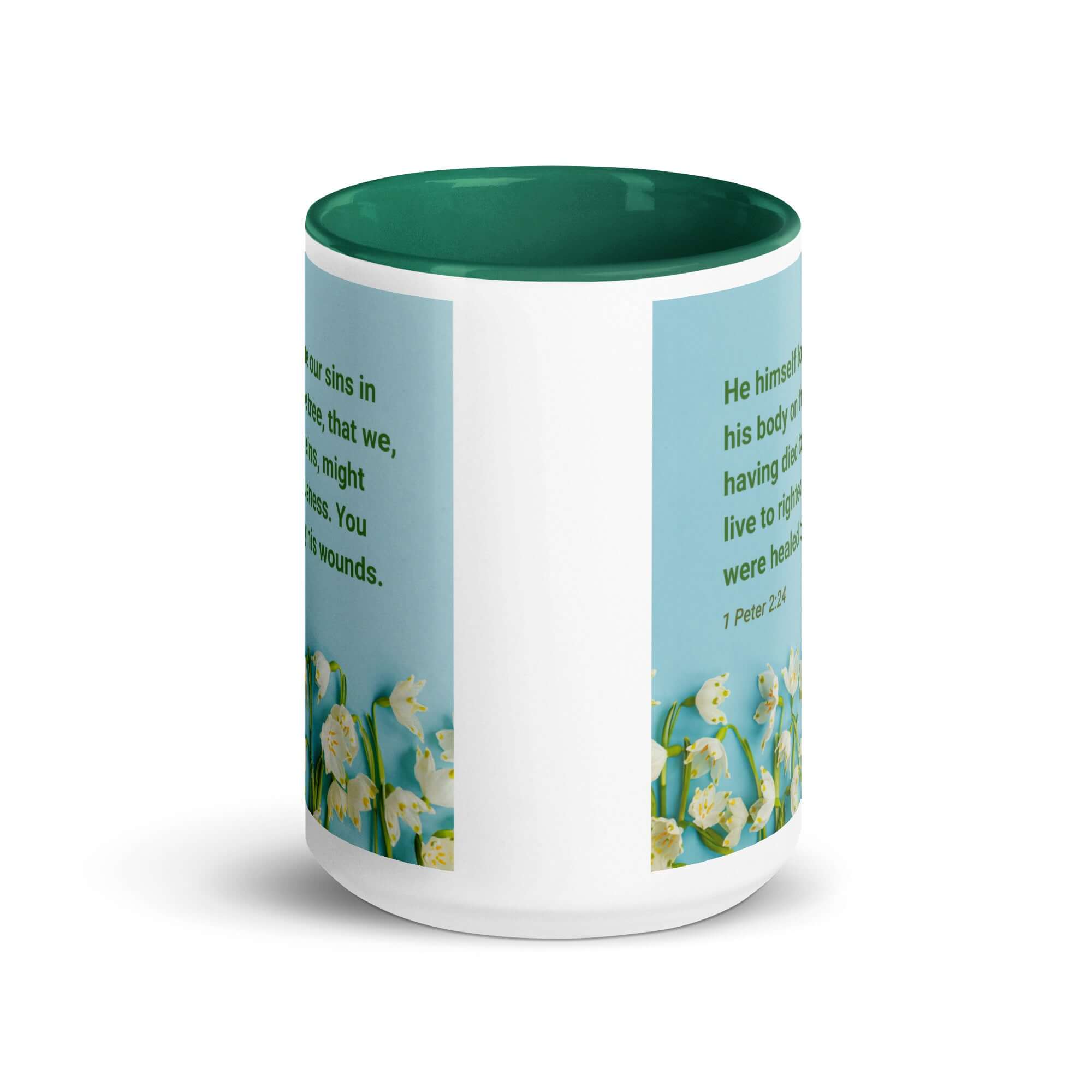 1 Peter 2:24 Bible Verse, healed by His wounds White Ceramic Mug with Color Inside