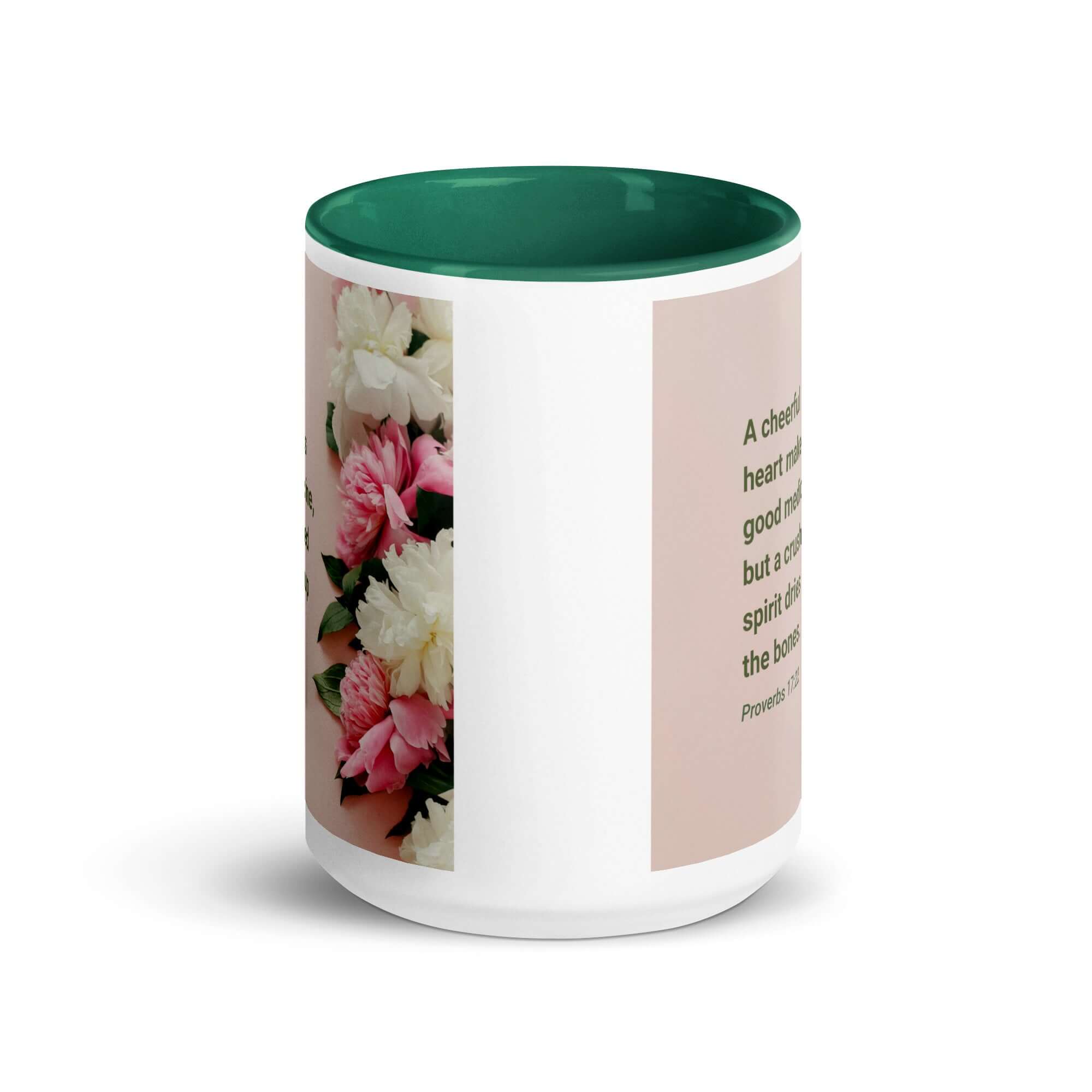 Proverbs 17:22 Bible Verse, good medicine White Ceramic Mug with Color Inside