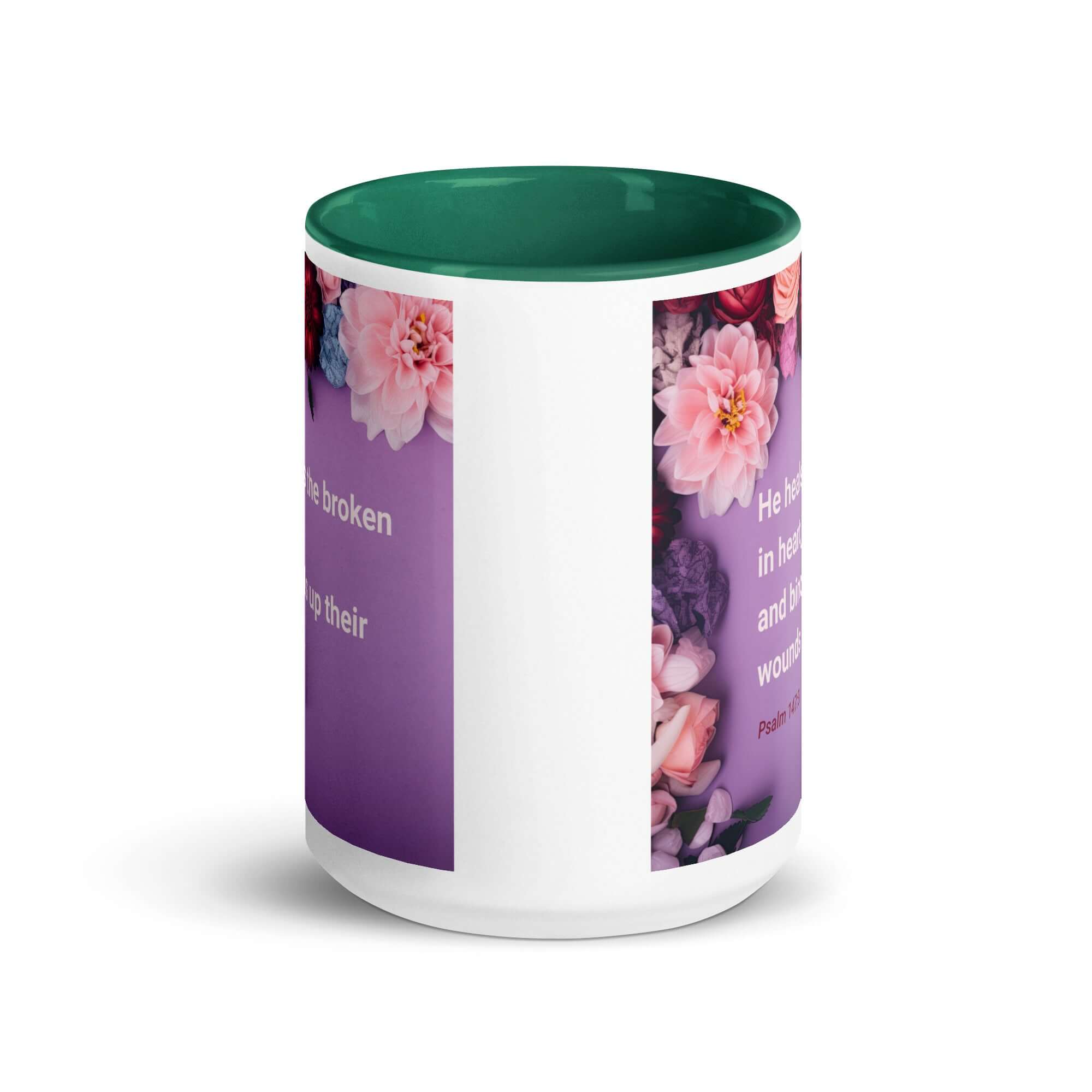 Psalm 147:3 Bible Verse, He heals the broken White Ceramic Mug with Color Inside