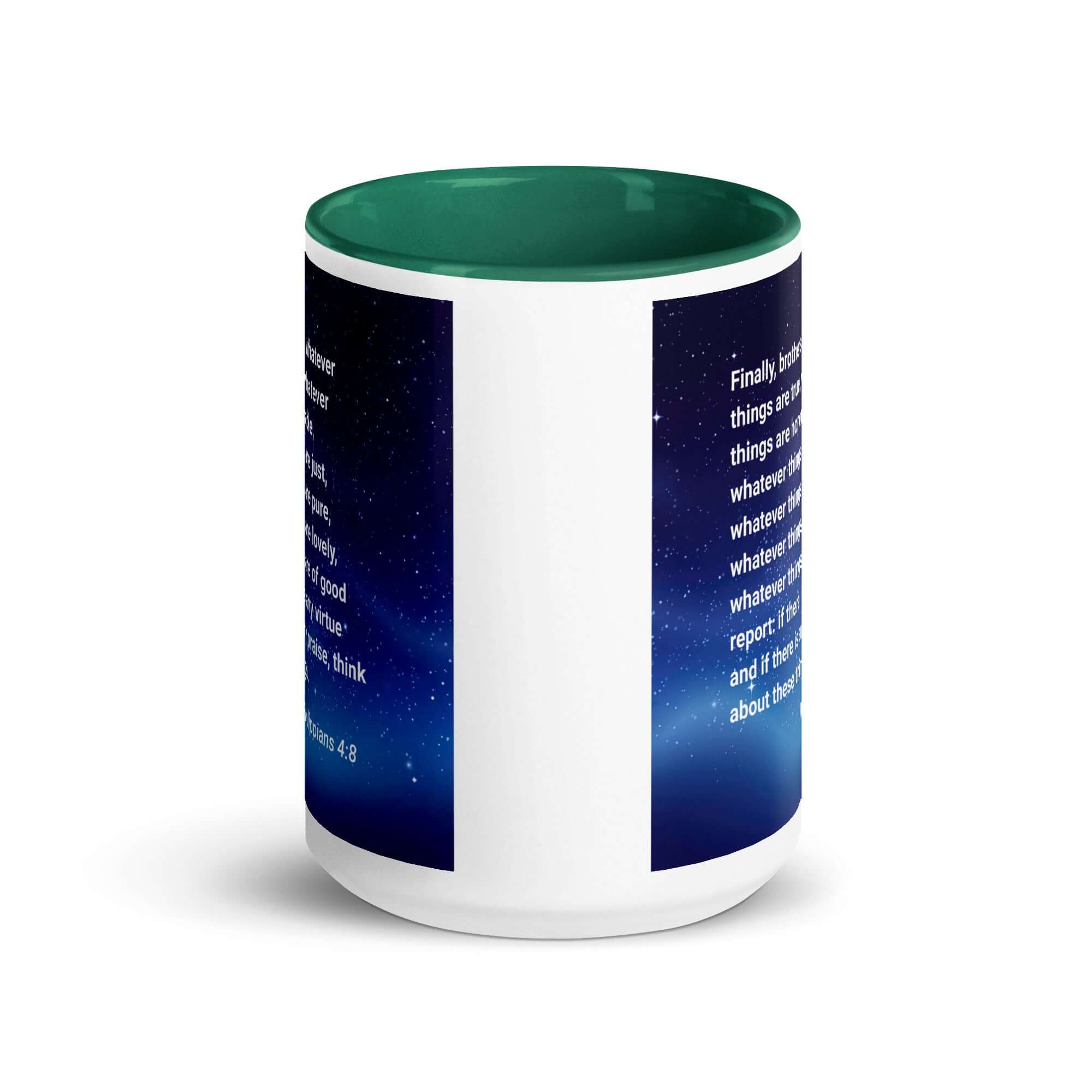 Philippians 4:8 Bible Verse, Think these things White Ceramic Mug with Color Inside