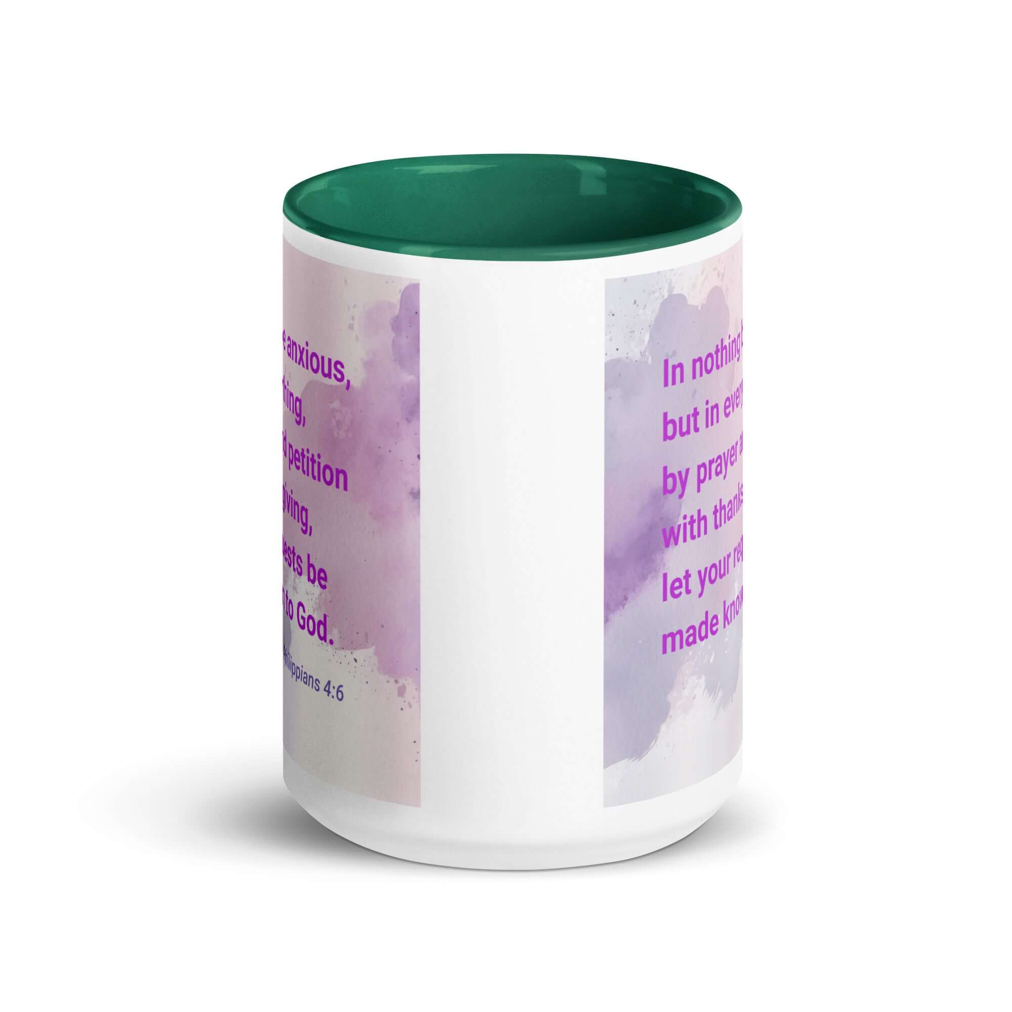 Philippians 4:6 Bible Verse, Prayer and Petition White Ceramic Mug with Color Inside
