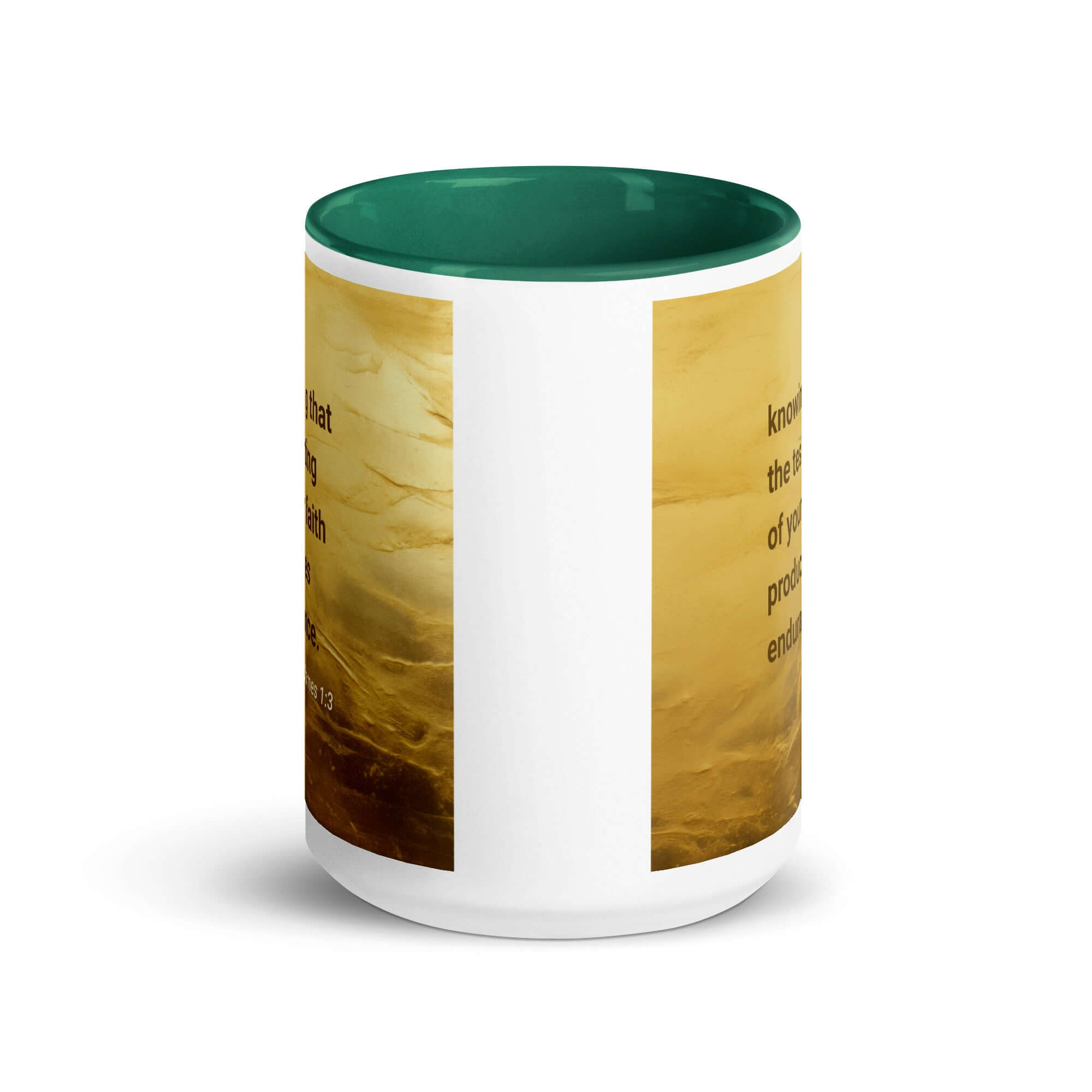 James 1:3 Bible Verse, testing of your faith White Ceramic Mug with Color Inside
