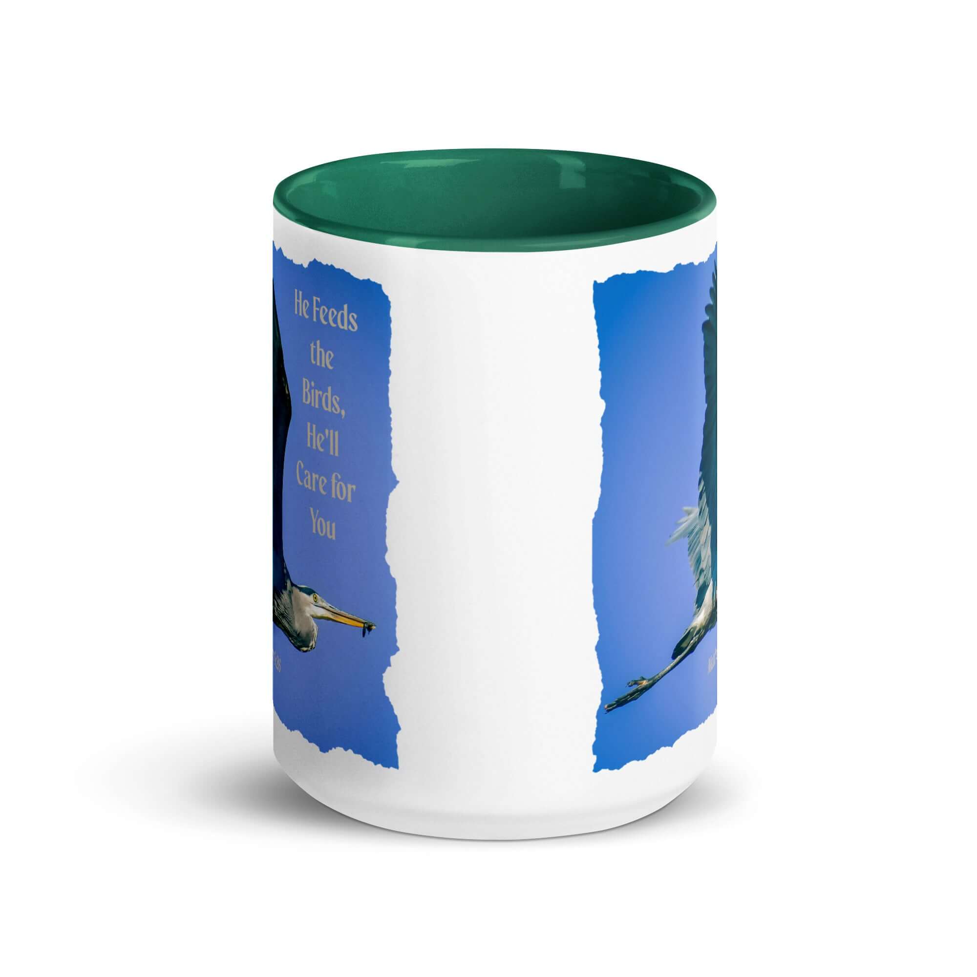Matthew 6:26 Graceful Heron, He'll Care for You White Ceramic Mug with Color Inside