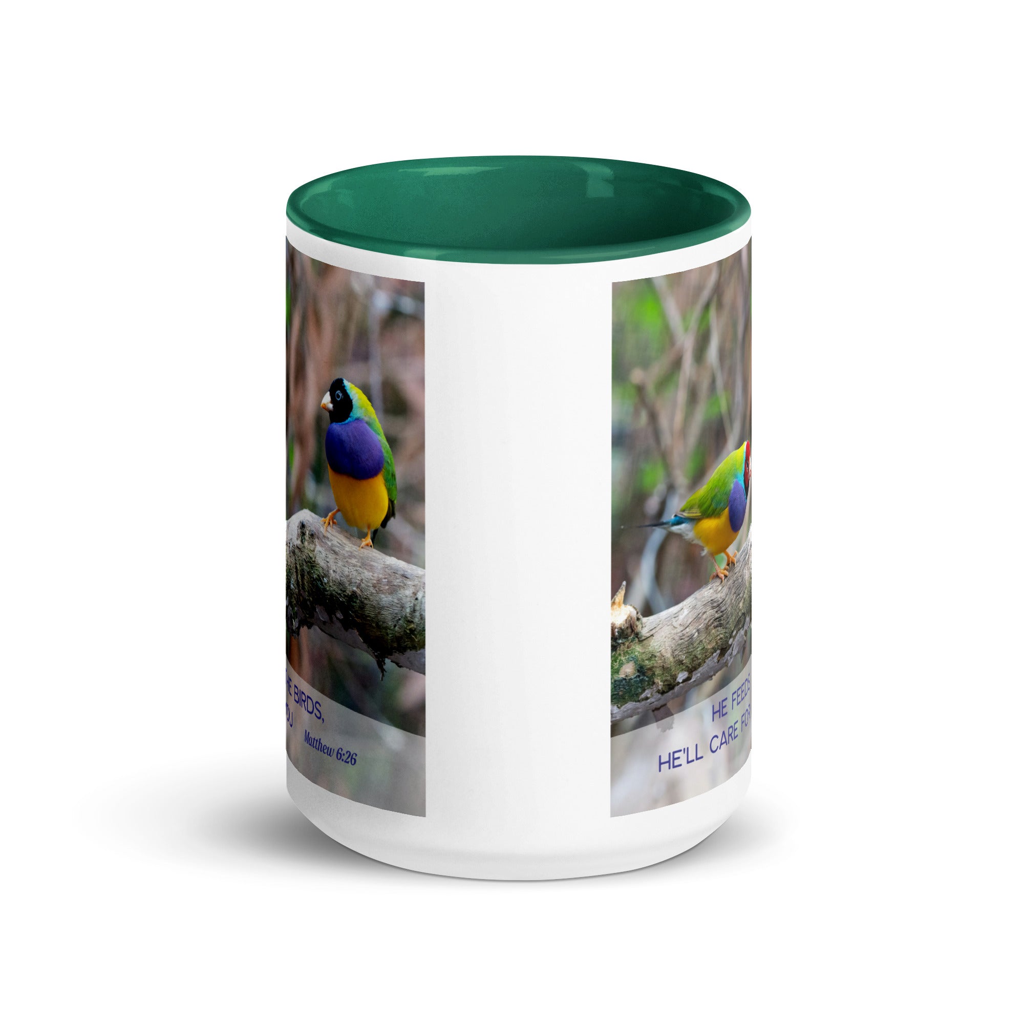 Matthew 6:26 Gouldian Finches, He'll Care for You White Ceramic Mug with Color Inside