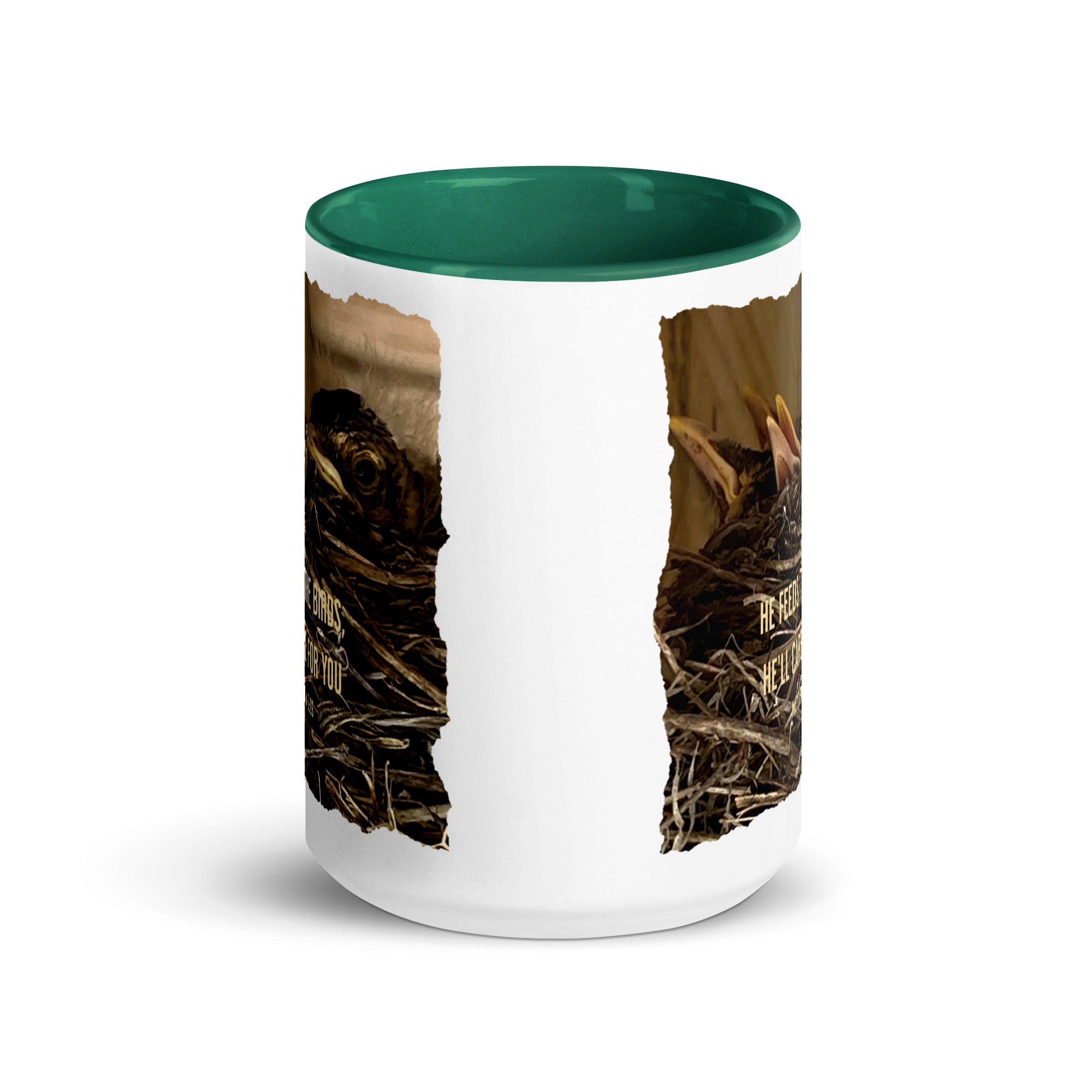 Matthew 6:26 Baby Robins, He'll Care for You White Ceramic Mug with Color Inside