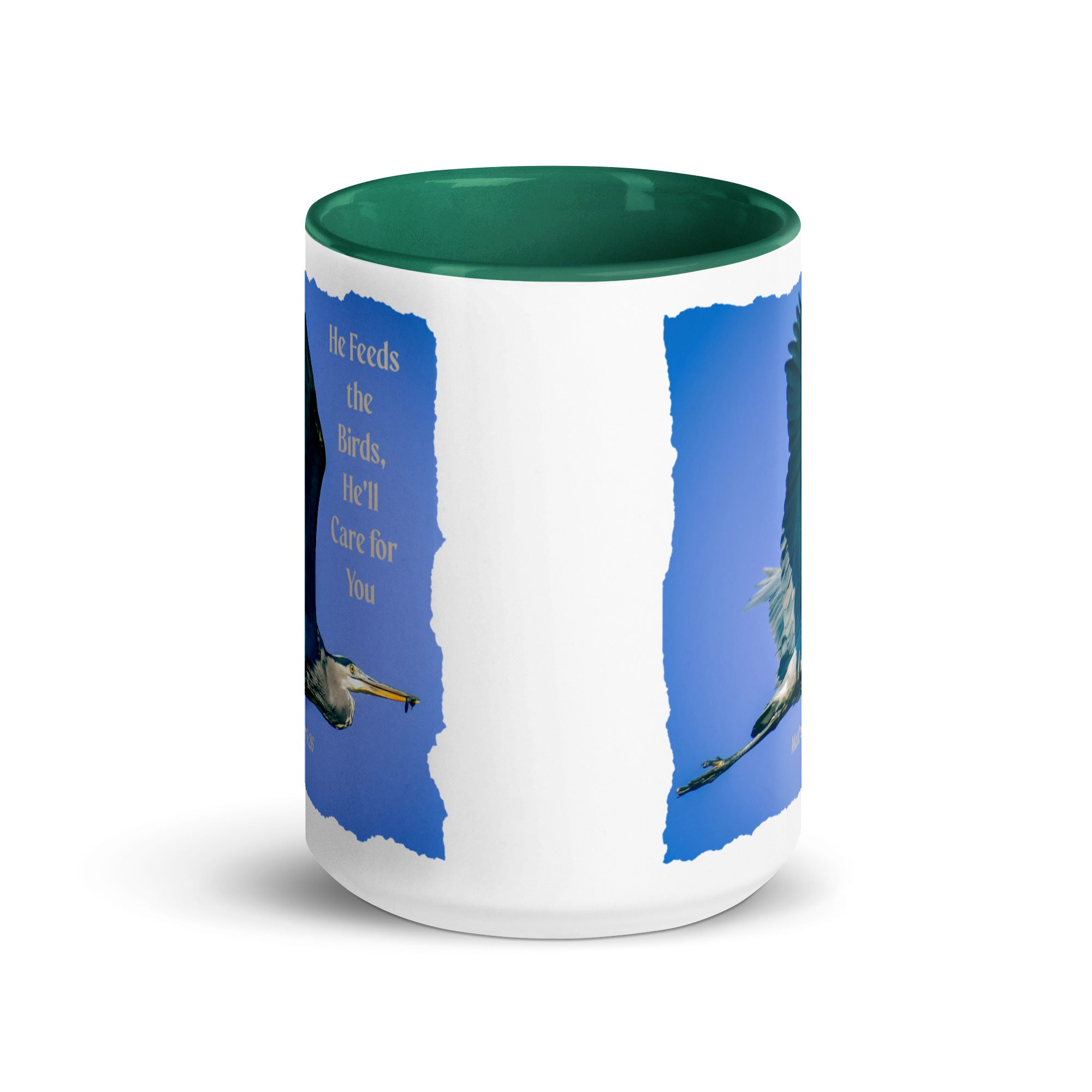 Matthew 6:26 Graceful Heron, He'll Care for You White Ceramic Mug with Color Inside