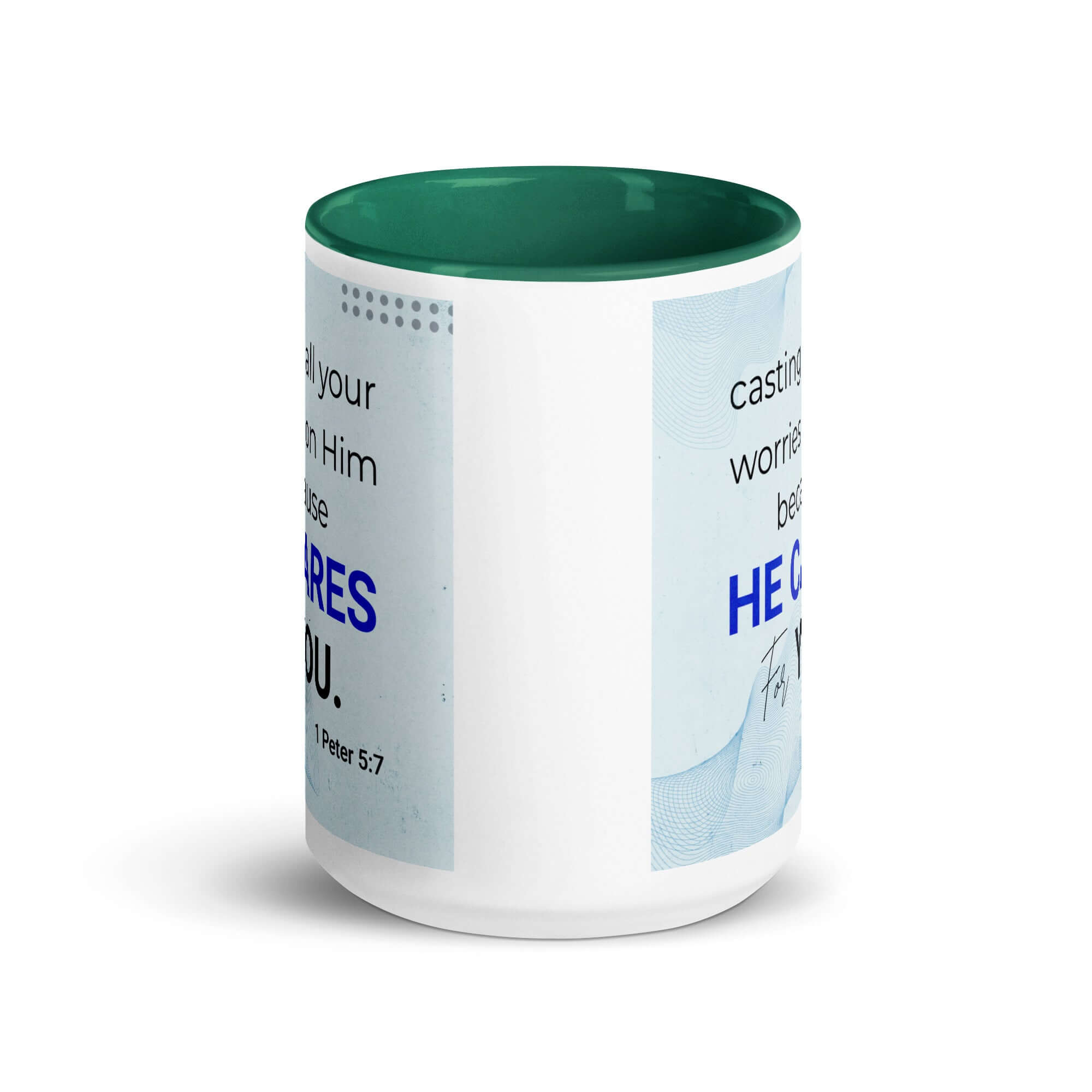 1 Peter 5:7 Bible Verse, casting all your worries on Him White Ceramic Mug with Color Inside