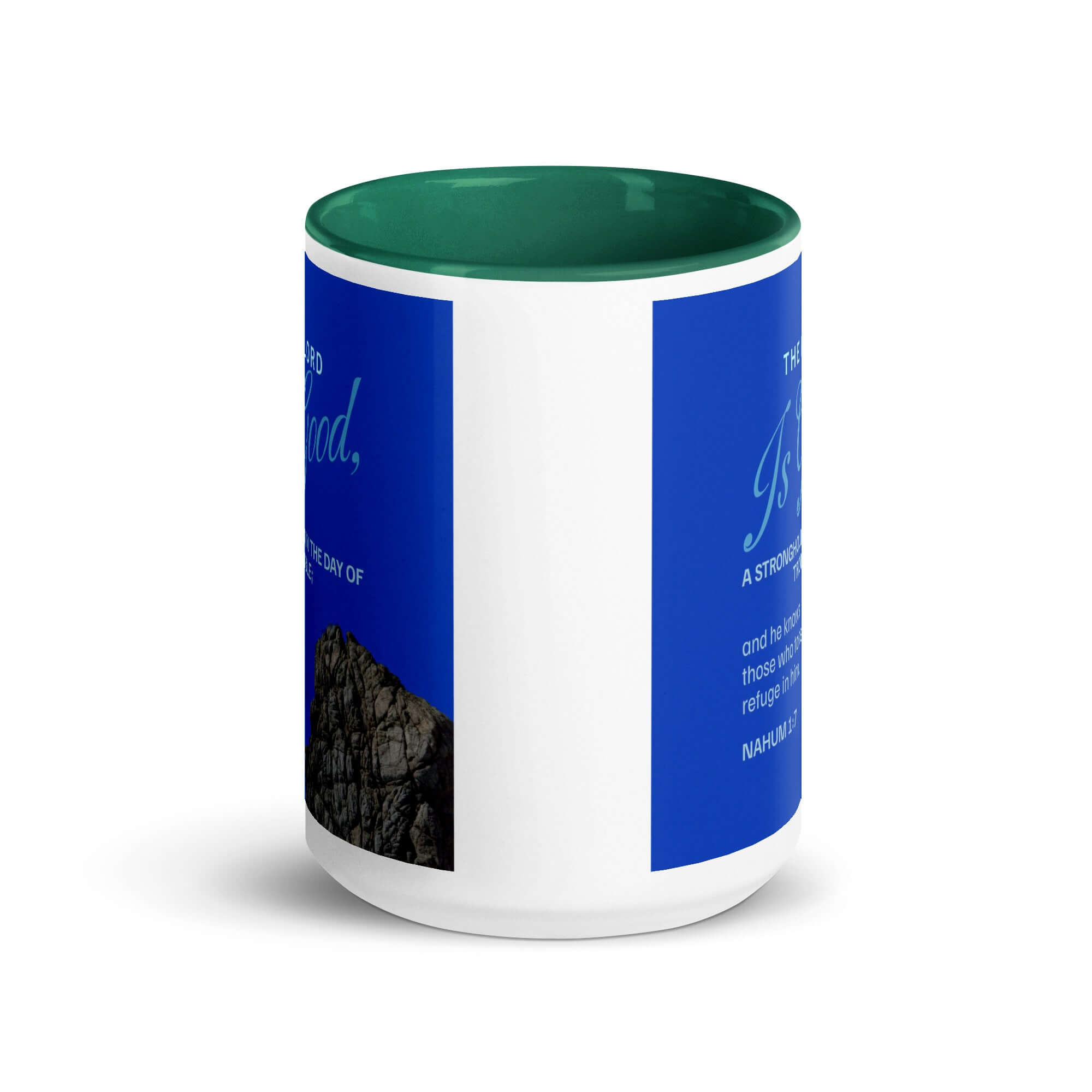 Nahum 1:7 Bible Verse, The LORD is a stronghold White Ceramic Mug with Color Inside