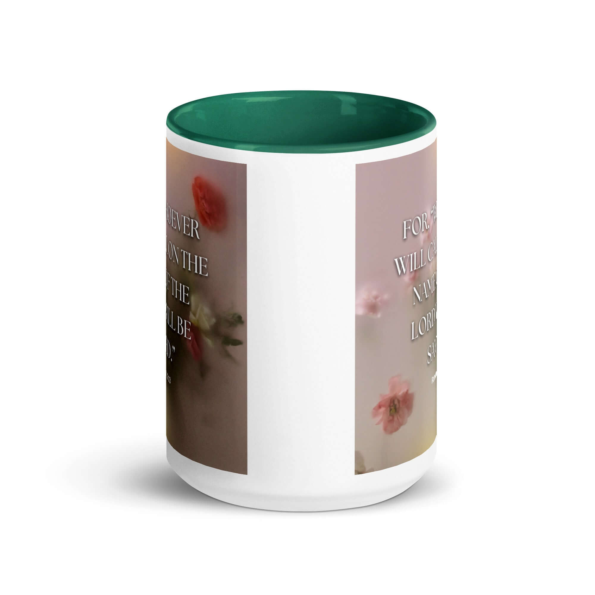 Romans 10:13 Bible Verse, will call White Ceramic Mug with Color Inside