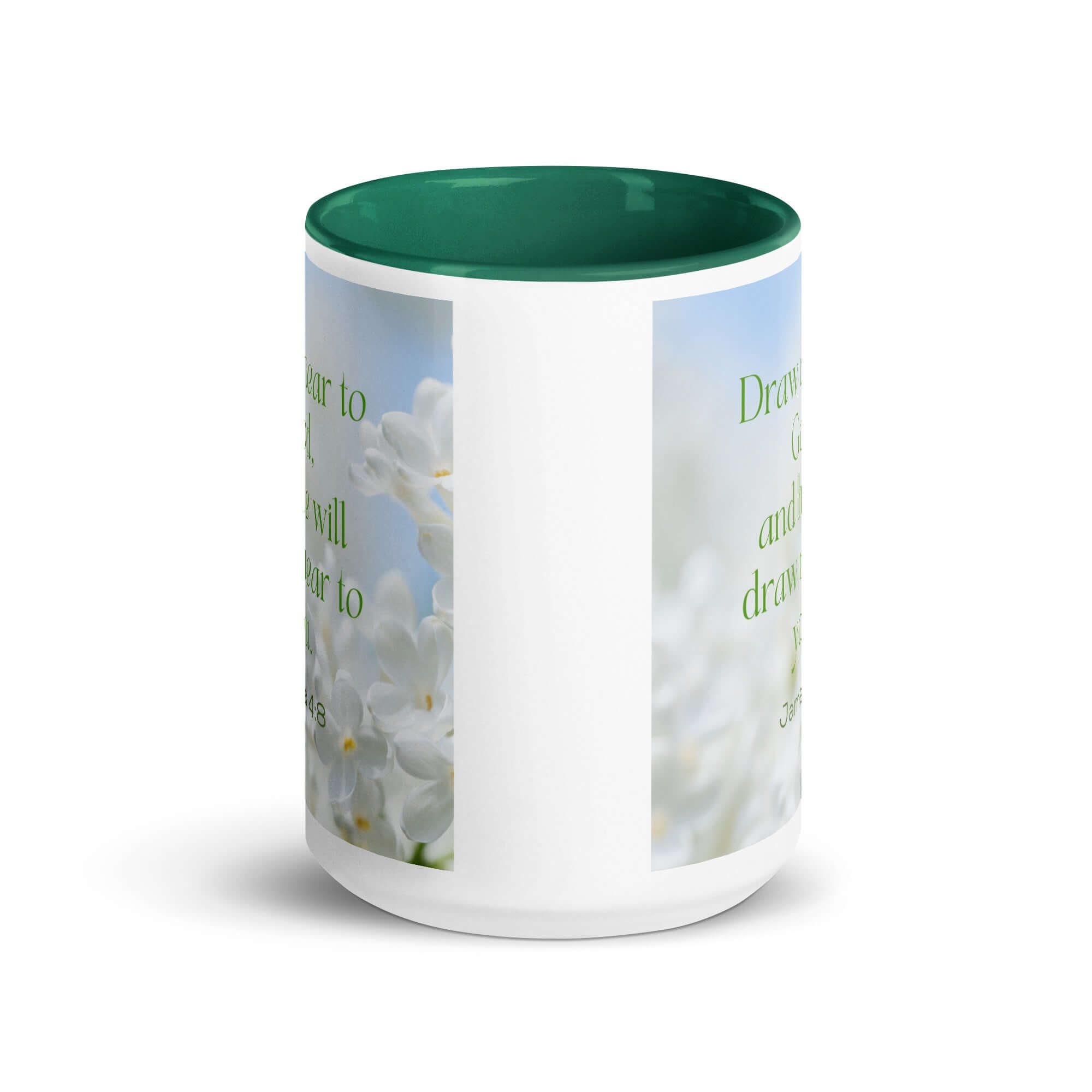 James 4:8 Bible Verse, Draw near White Ceramic Mug with Color Inside