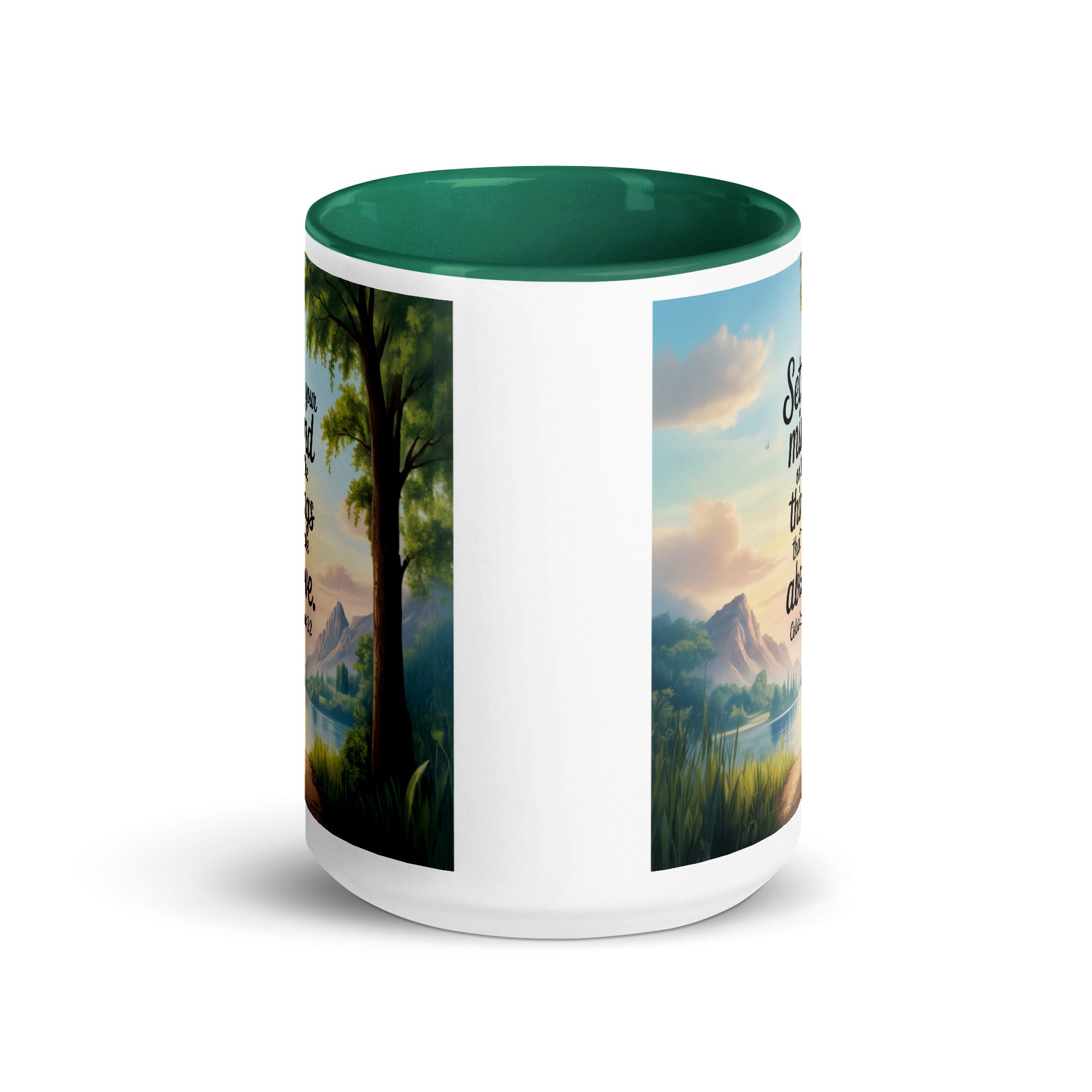 Colossians 3:2 Bible Verse Set White Ceramic Mug with Color Inside
