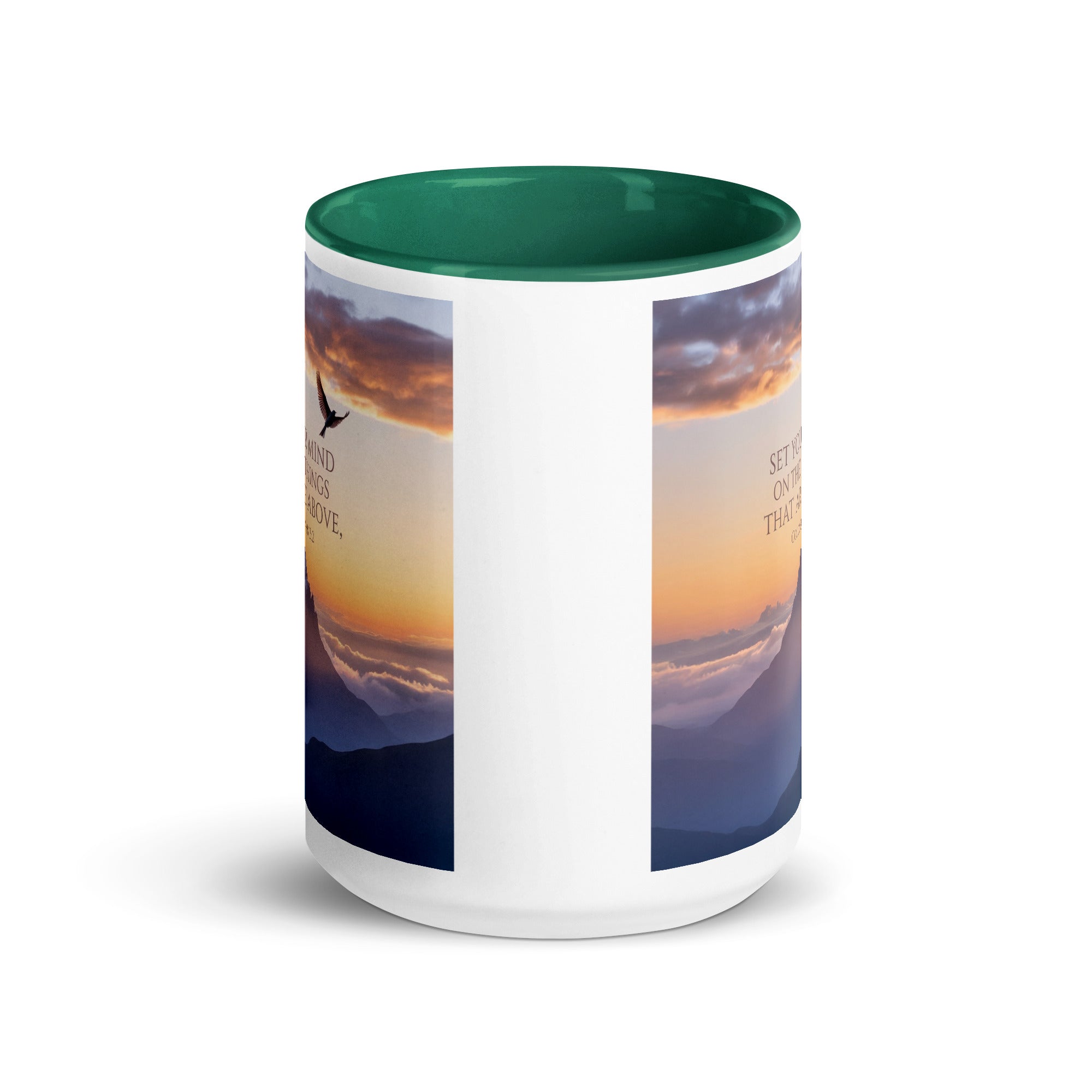Colossians 3:2 Bible Verse are above White Ceramic Mug with Color Inside