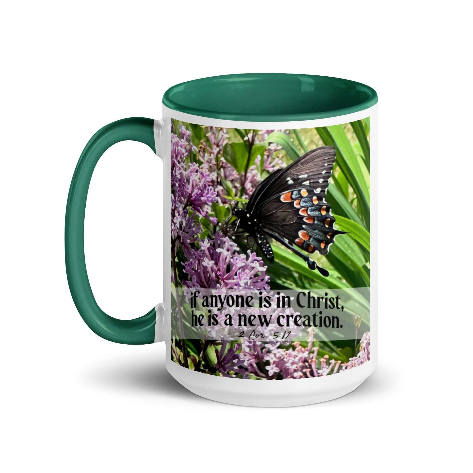 2 Corinthians 5:17 Bible Verse, Butterfly White Ceramic Mug with Color Inside